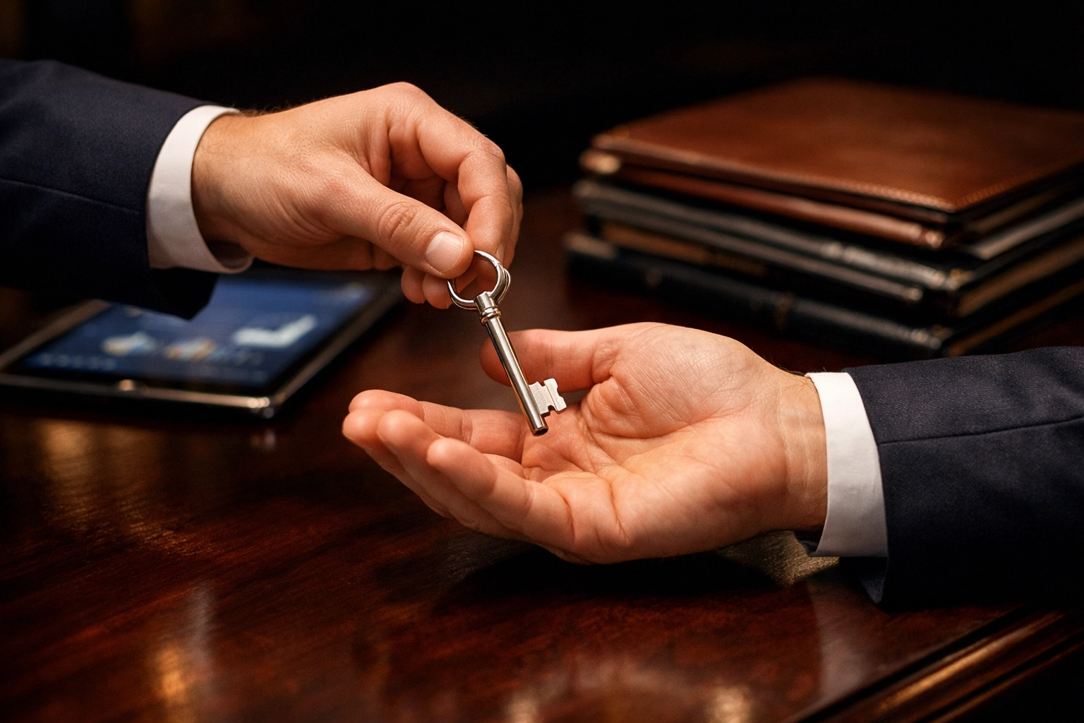 Close-up of hands exchanging keys during a property management company sale and portfolio transition.