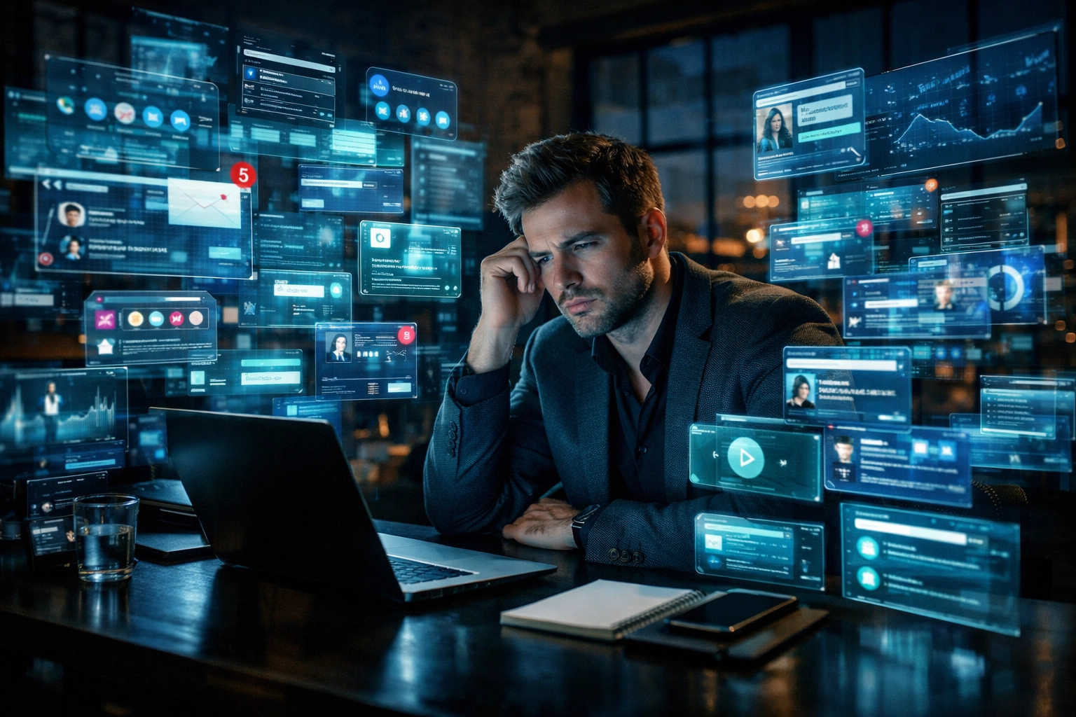Entrepreneur overwhelmed by floating digital app screens illustrating operational chaos and software overload.