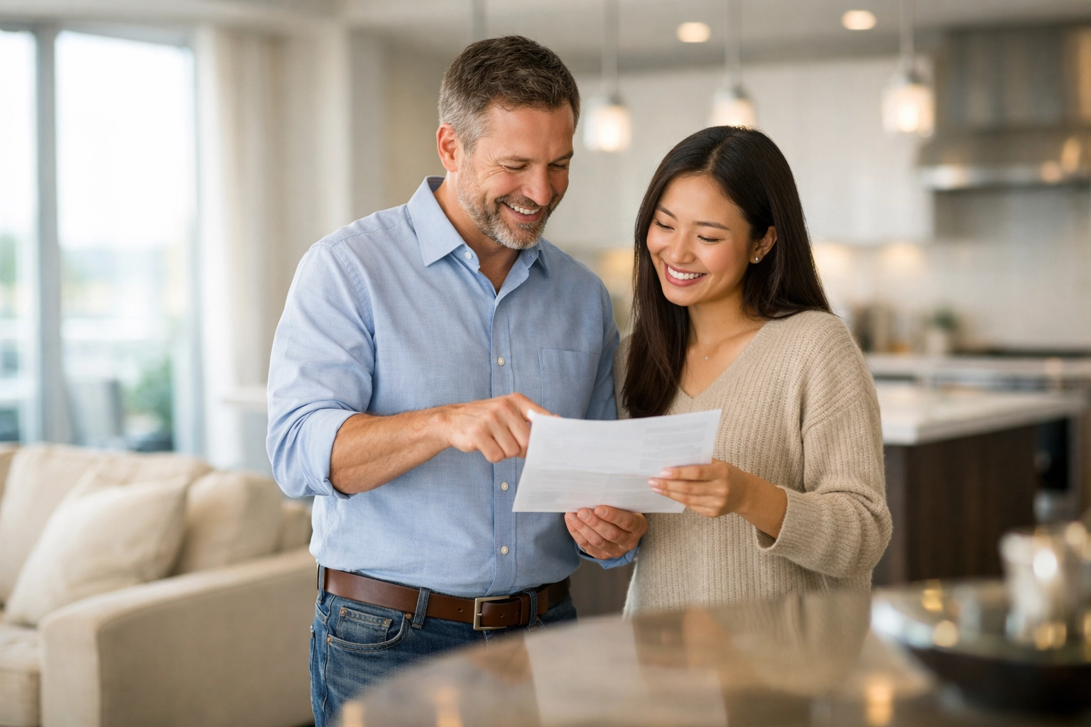 Landlord and tenant discussing the Renters’ Rights Act Information Sheet in a modern, light-filled rental property.