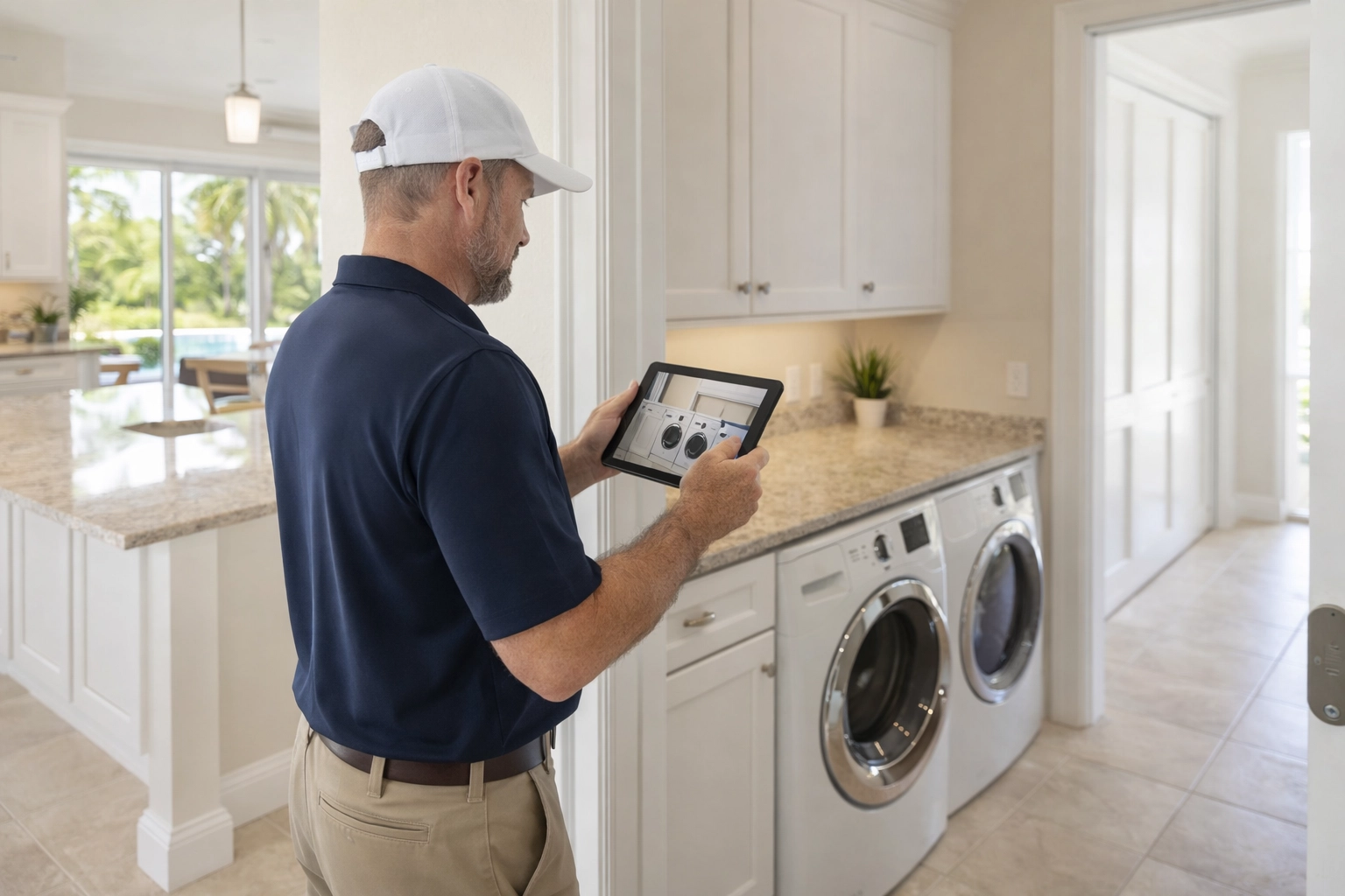 Professional home watch inspector documenting a well-maintained Florida home with a tablet
