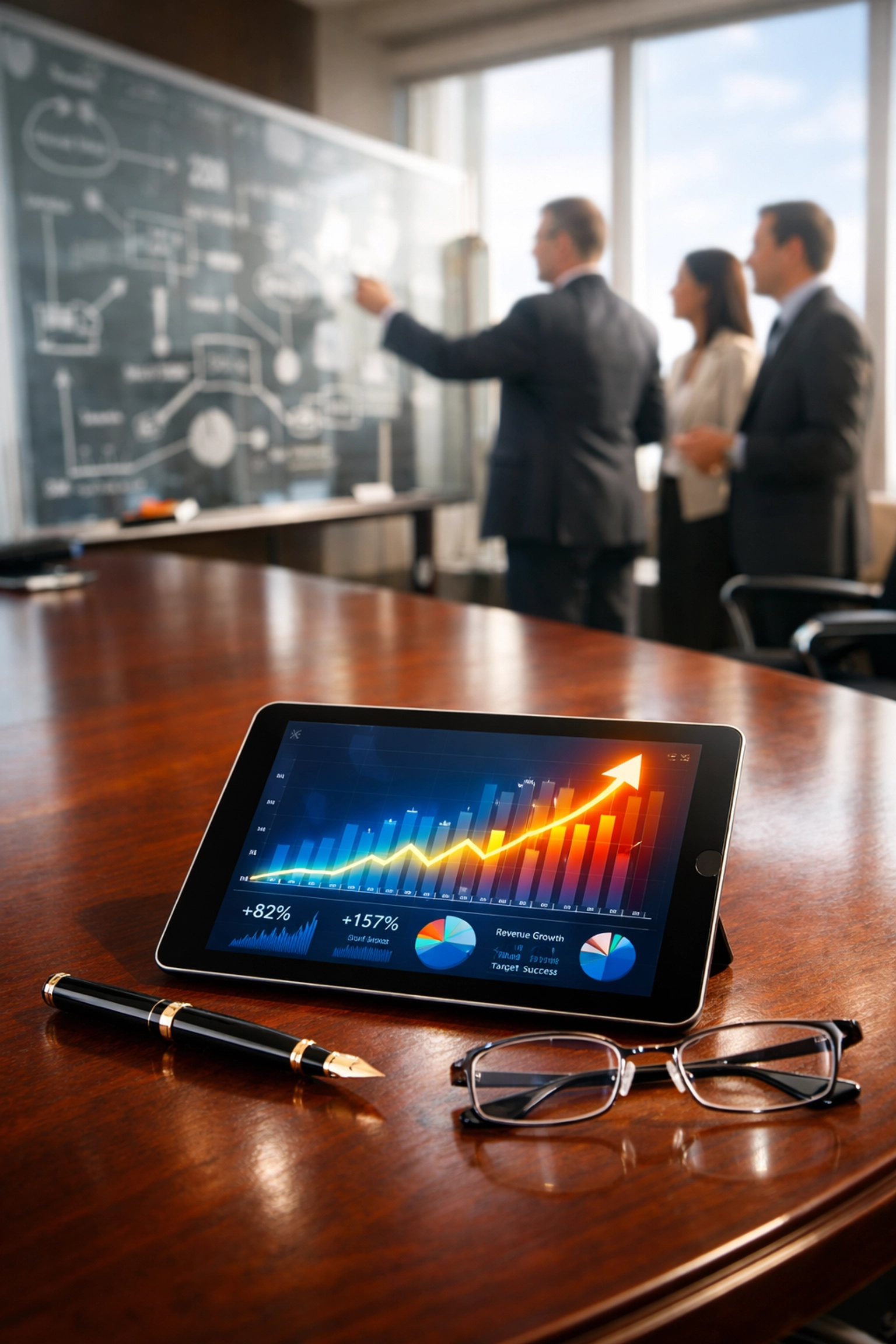 Data visualization on a tablet showing growth metrics for Super Bowl corporate marketing ROI.