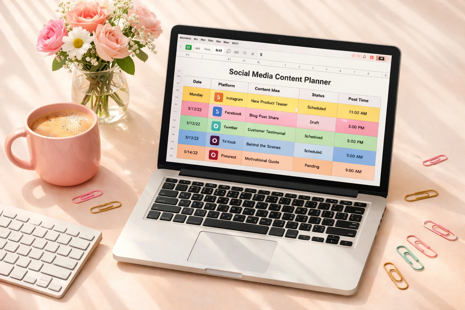 Laptop showing social media content calendar spreadsheet with organized planning workspace