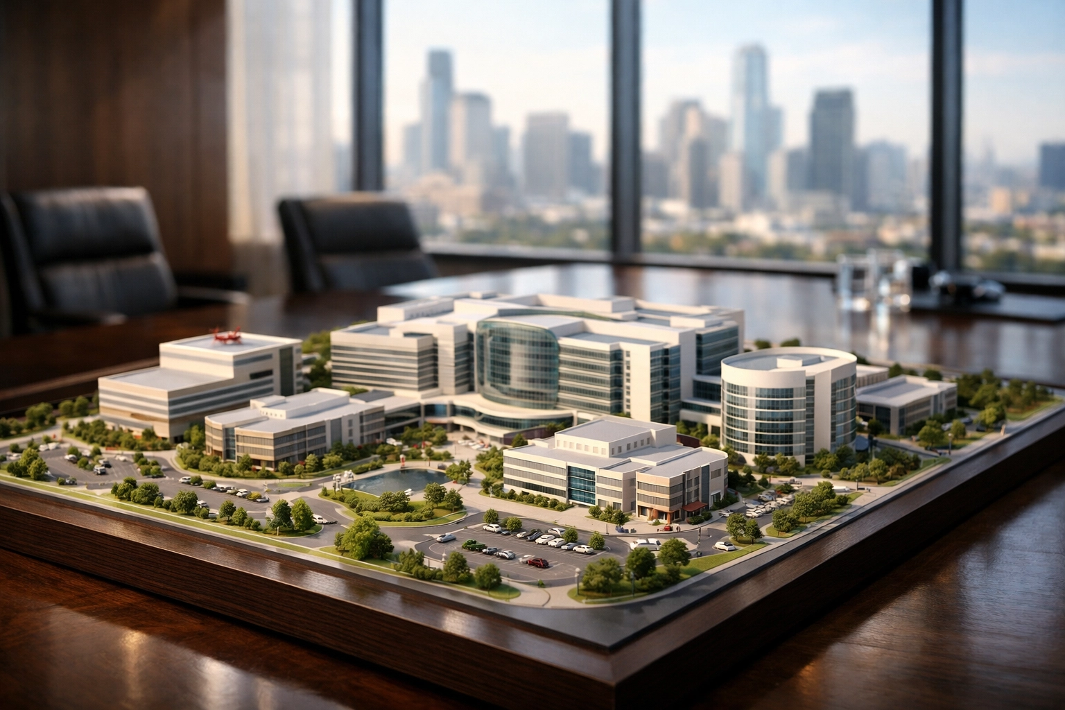 Development manager reviewing a healthcare campus model for financier representation.