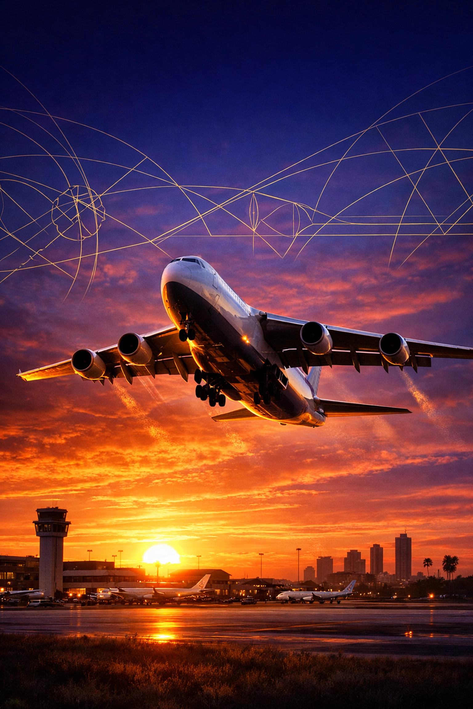 Cargo freighter aircraft flying over a West African airport skyline at sunrise symbolizing air freight growth.