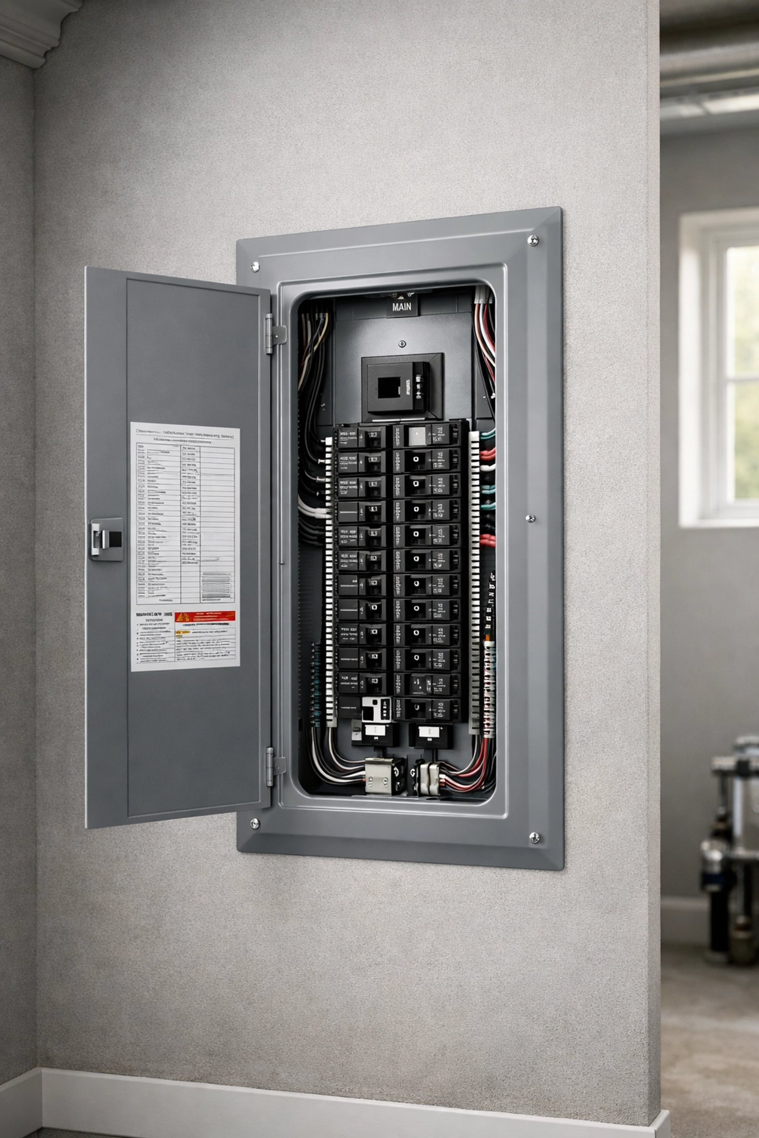 Upgraded electrical panel installed by a Portland Maine electrician for home EV charging capacity.