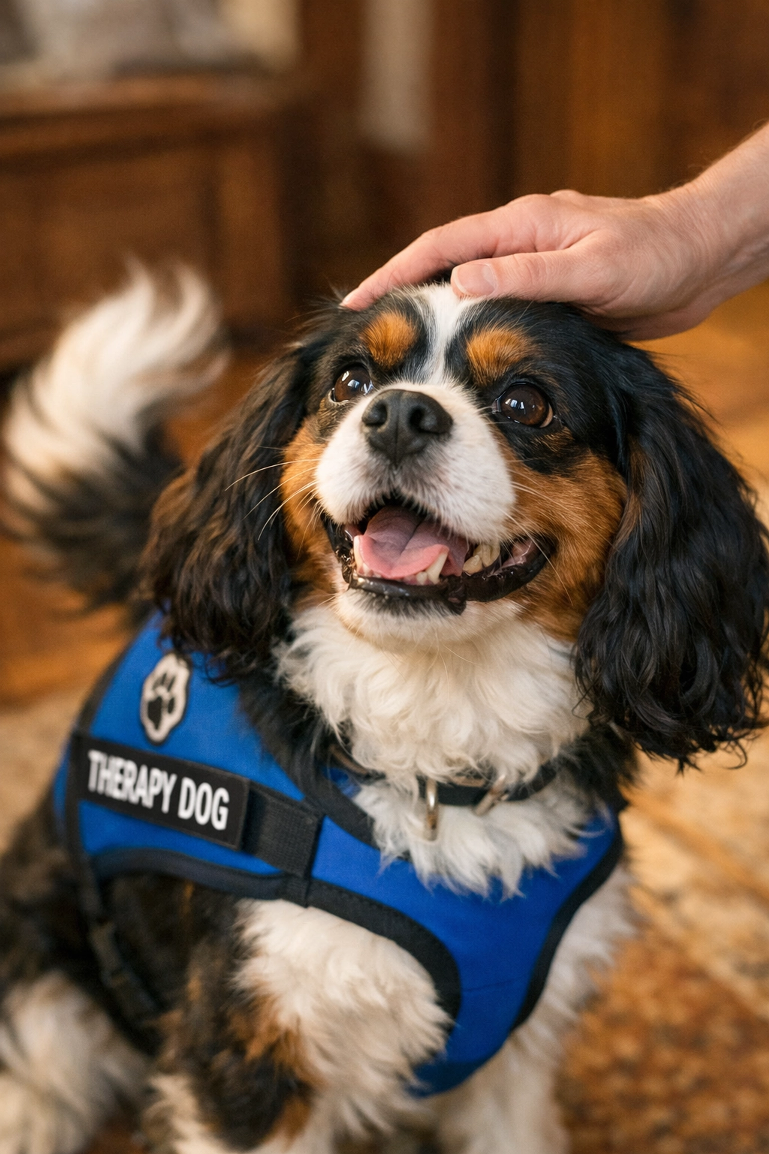 Emotional Support Dog Cavalier King Charles wearing a blue therapy vest while being petted in a Portland home.