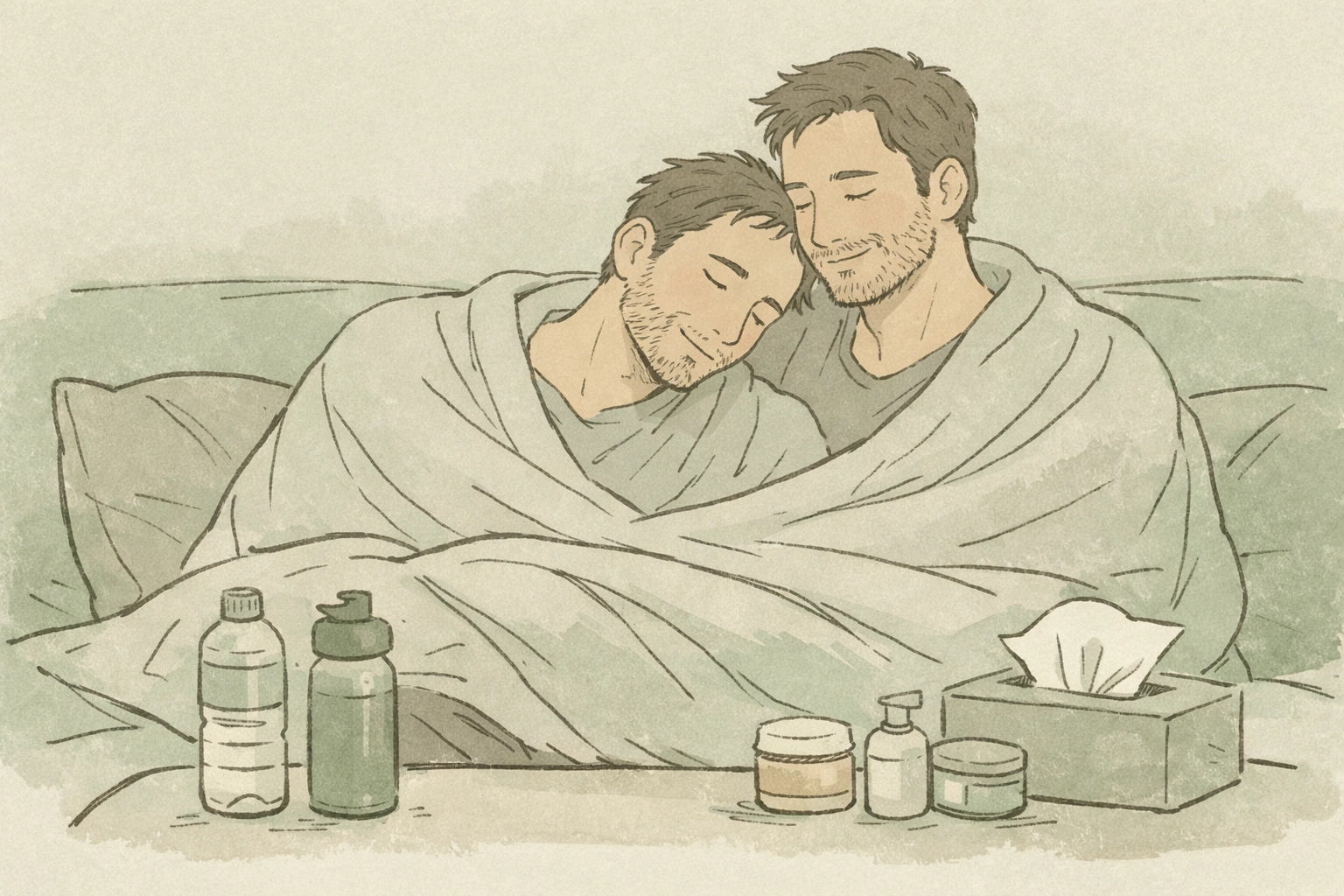 MM couple embracing during aftercare with blanket showing emotional intimacy