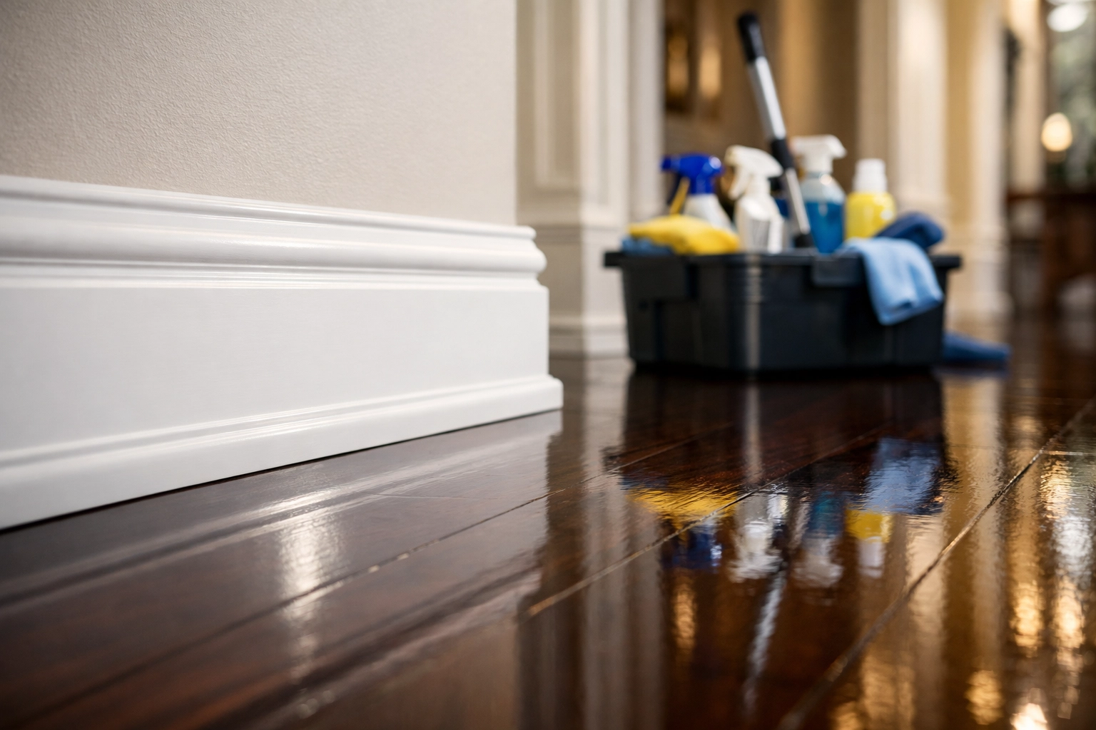 Detailed view of hand-scrubbed white baseboards and polished wood floors after a deep cleaning in Winter Park.