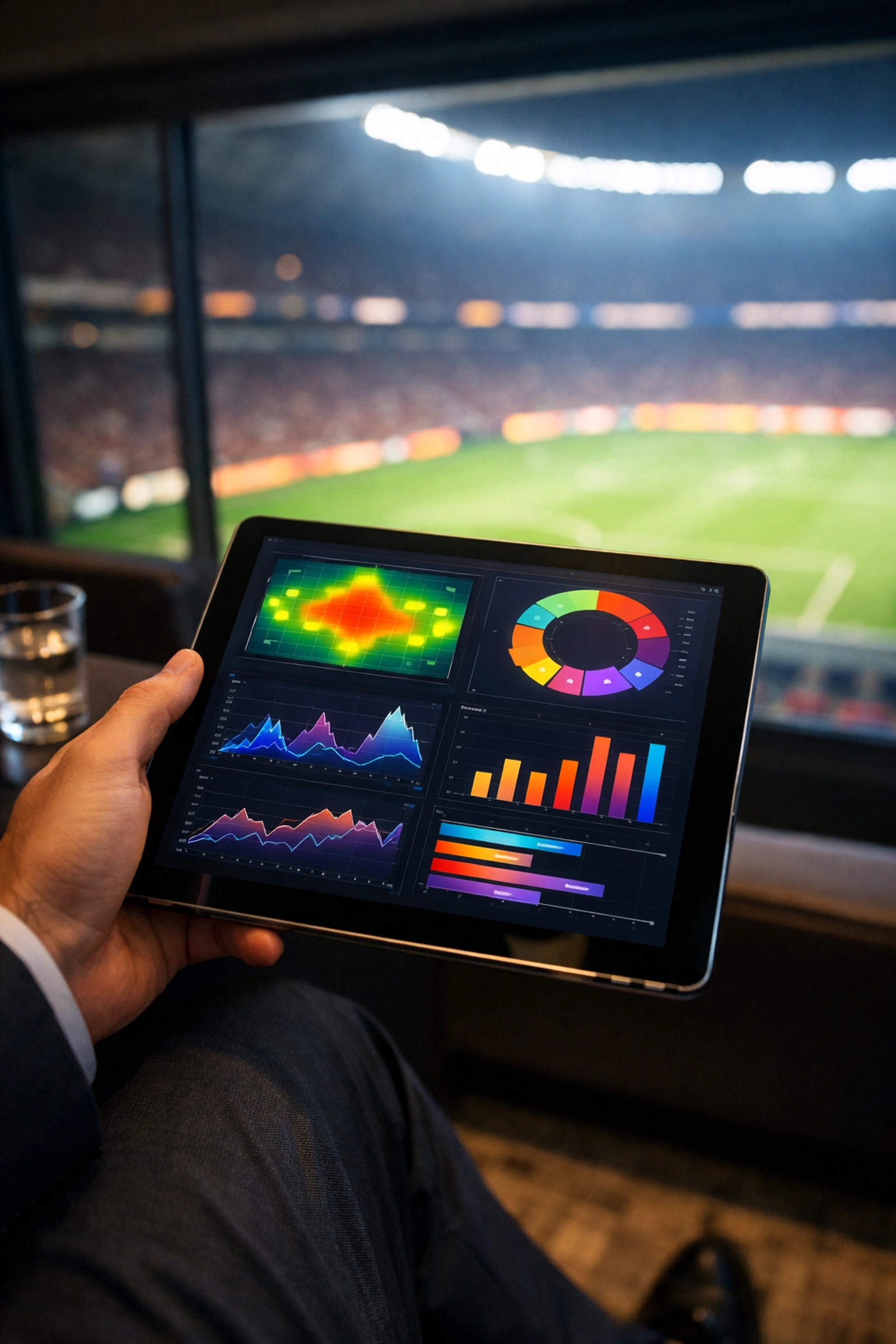 Using AI-powered analytics on a tablet to measure stadium advertising fan engagement and ROI.