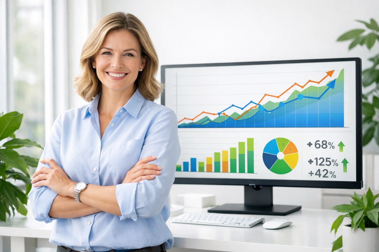 Confident business owner reviewing growth charts after modernizing bookkeeping processes Confident business owner reviewing growth charts after modernizing bookkeeping processes