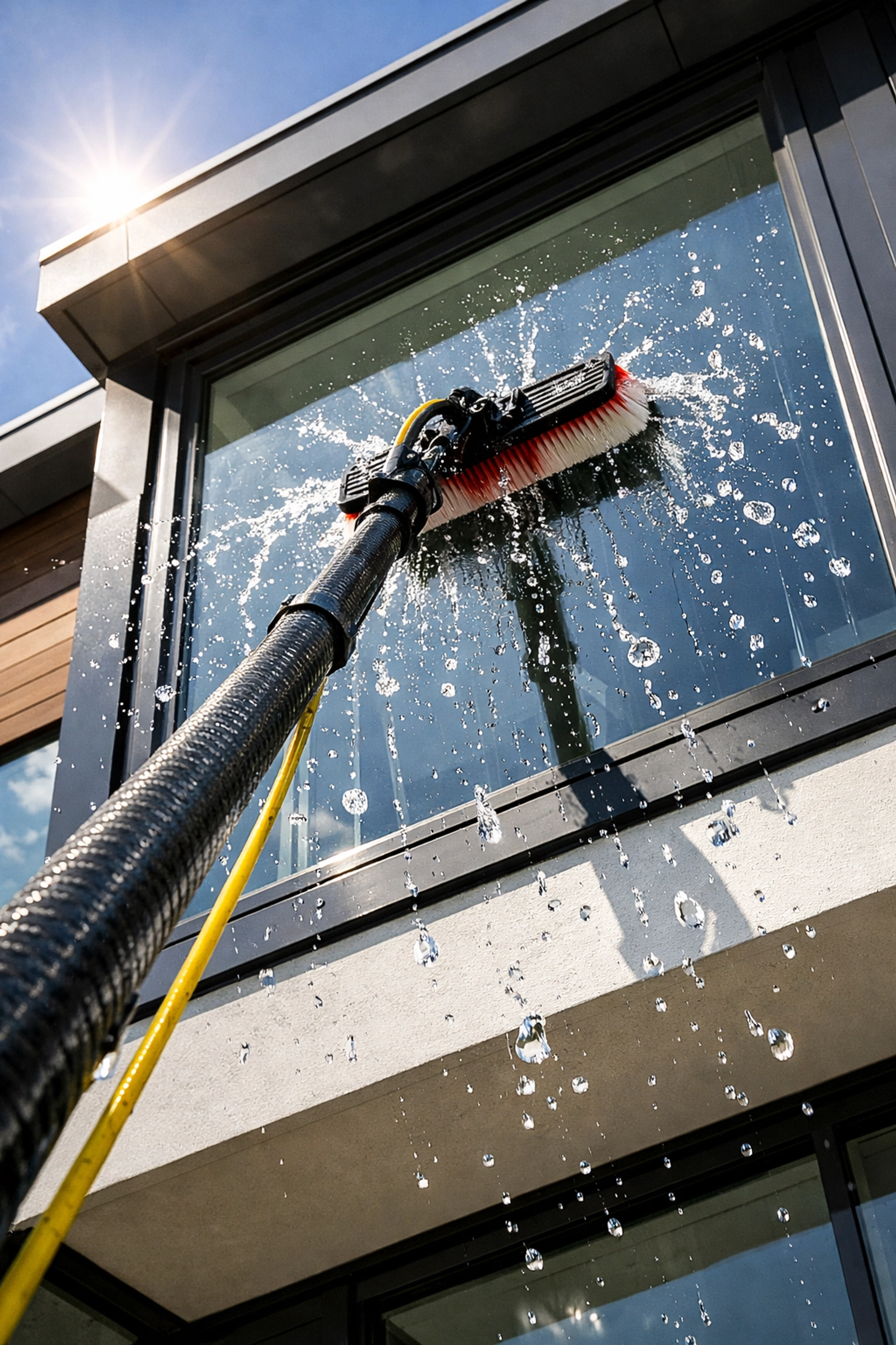 Professional water-fed pole cleaning second-story windows safely from the ground.