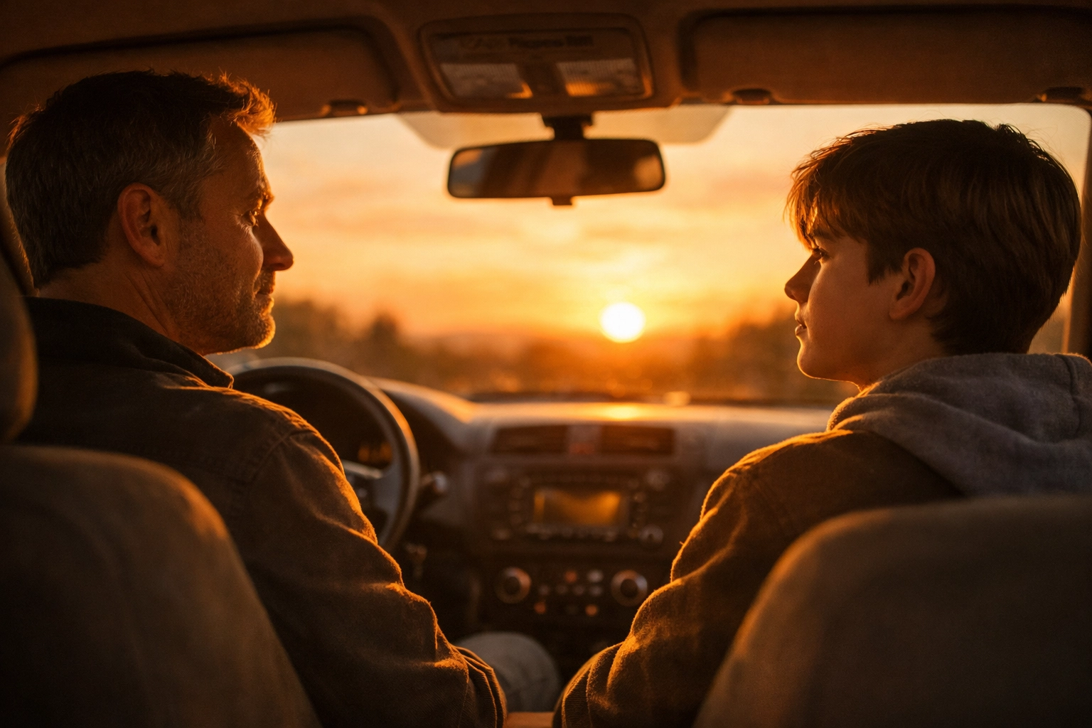 Father and son bonding in a car at sunset, a neutral zone for teen mental health conversations.