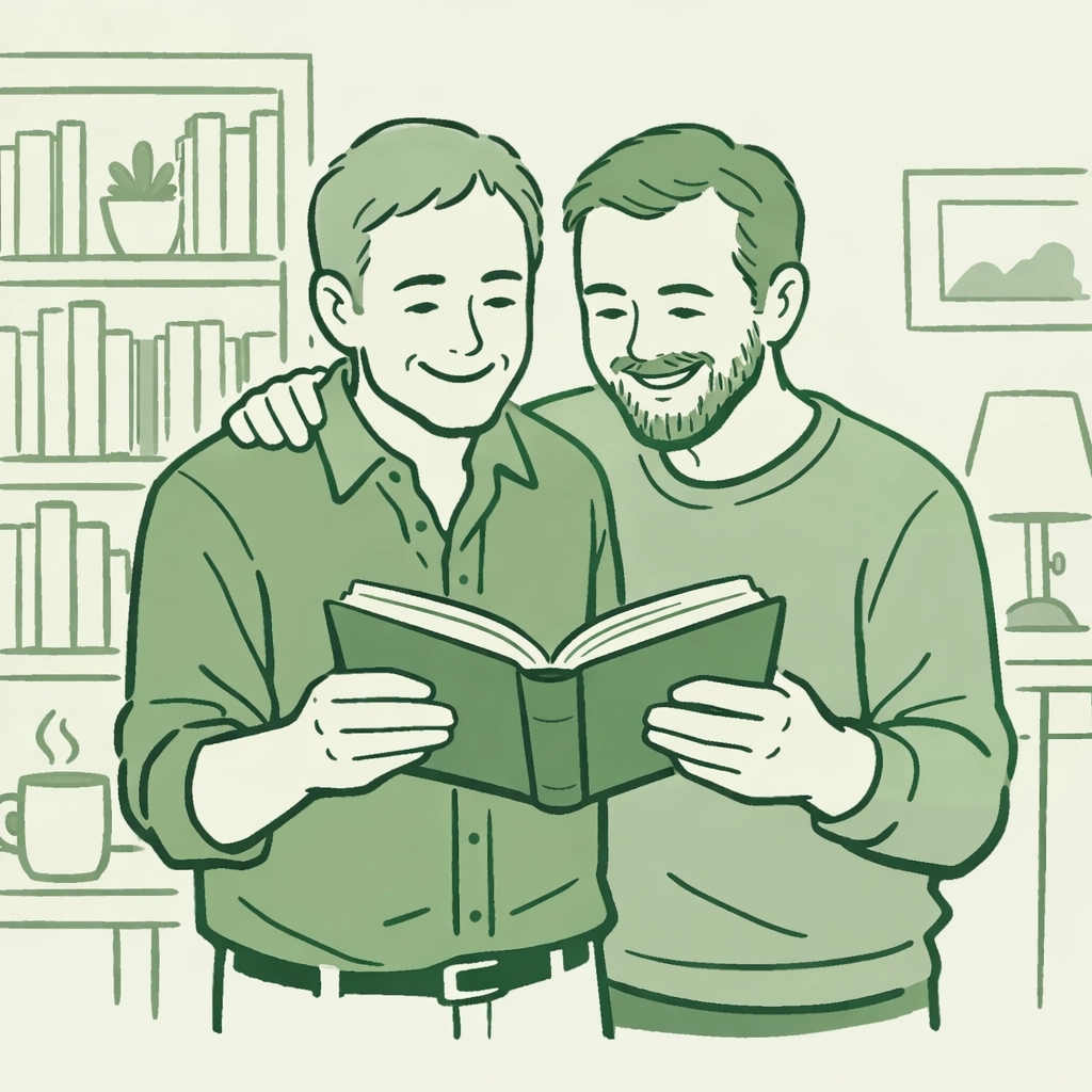 Two men sharing a book in a library, highlighting the impact of MM romance and gay fiction.