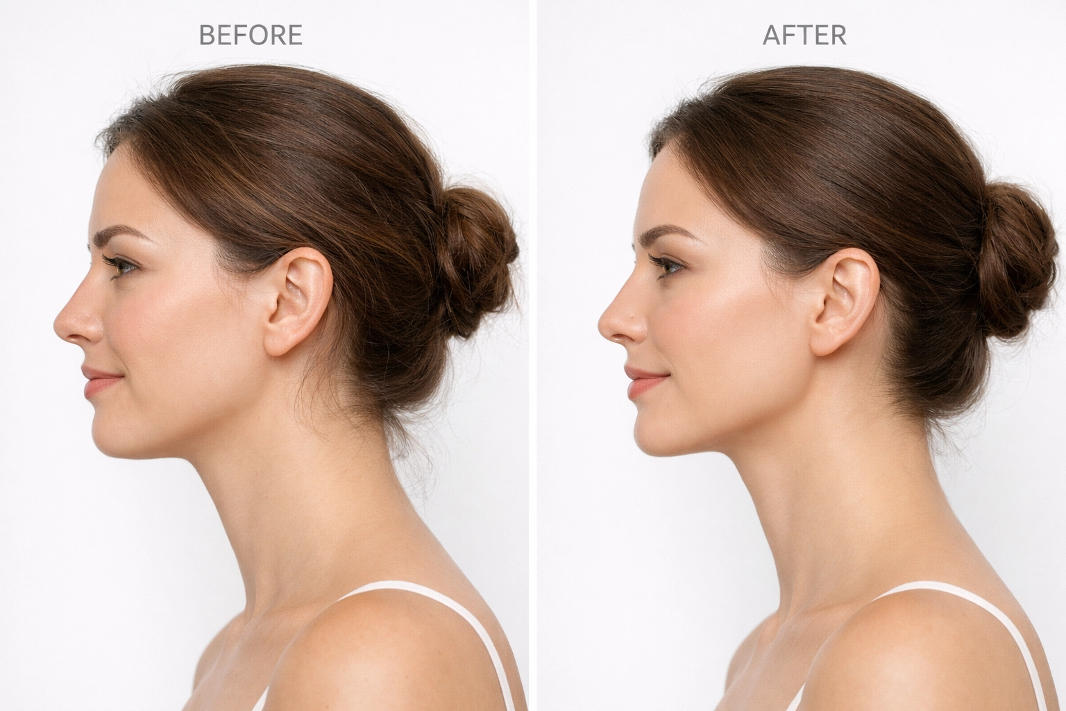 Woman's side profile showing balanced facial proportions after non-surgical profile balancing treatment