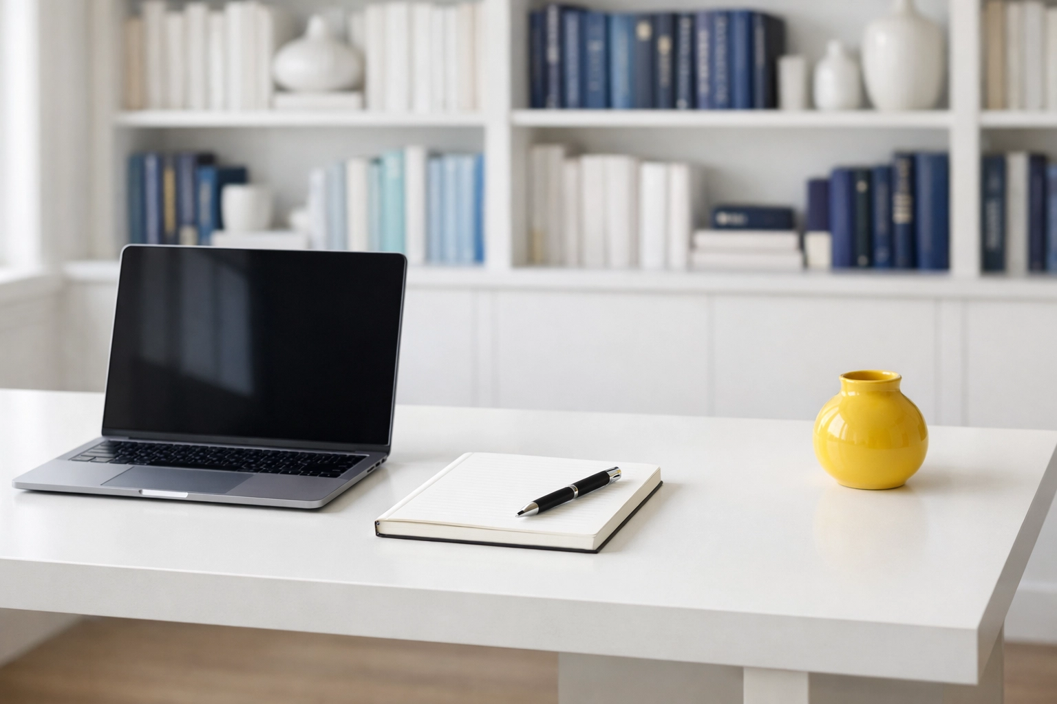 Clean minimalist white desk in a home office after professional weekly house cleaning Natick MA.