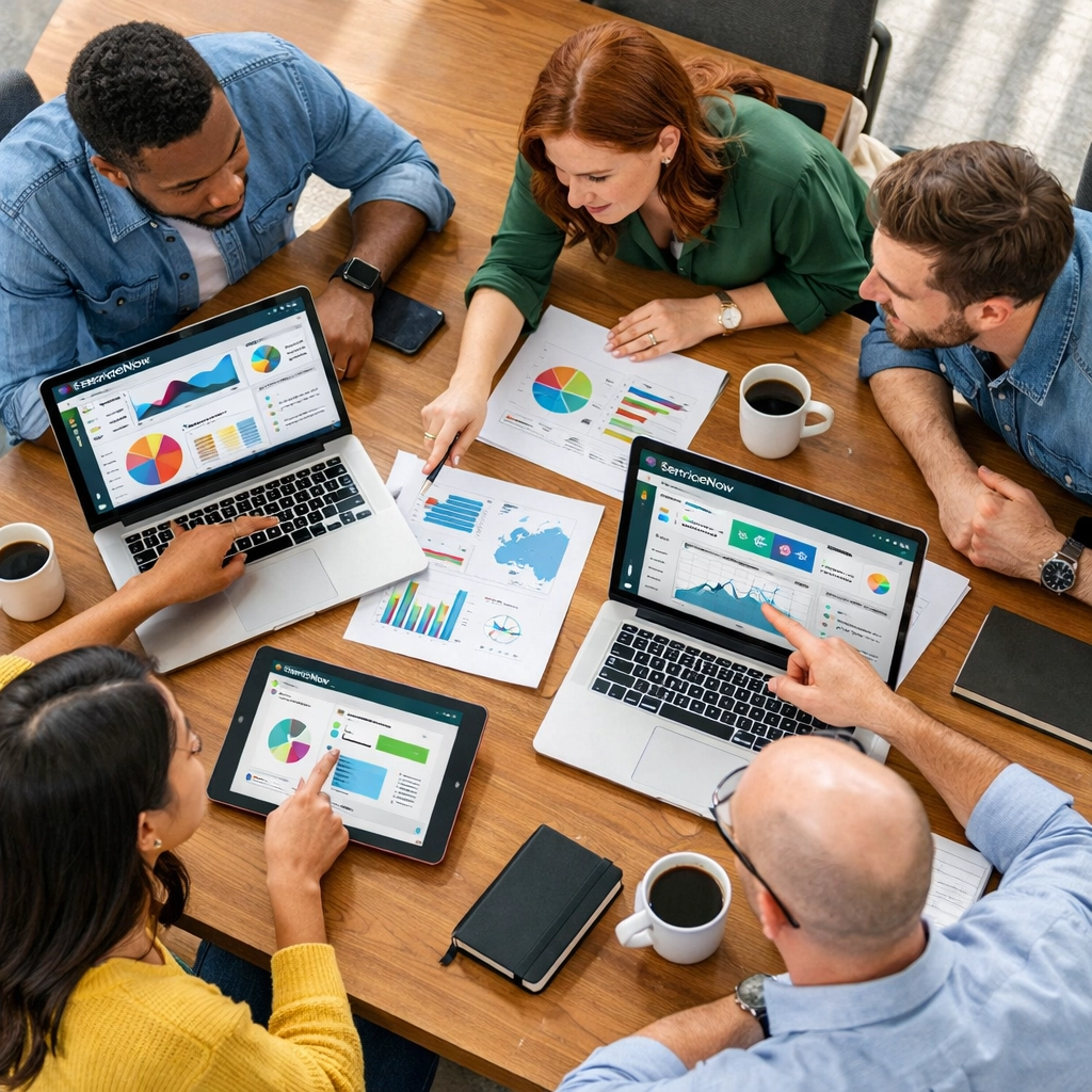 IT team collaborating on ServiceNow ITAM implementation strategy with data visualization dashboards