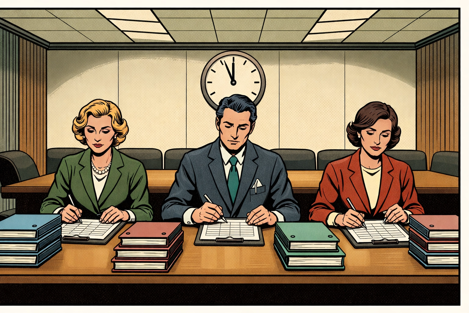 Comic-style image of a government evaluation team objectively scoring proposal binders in a conference room