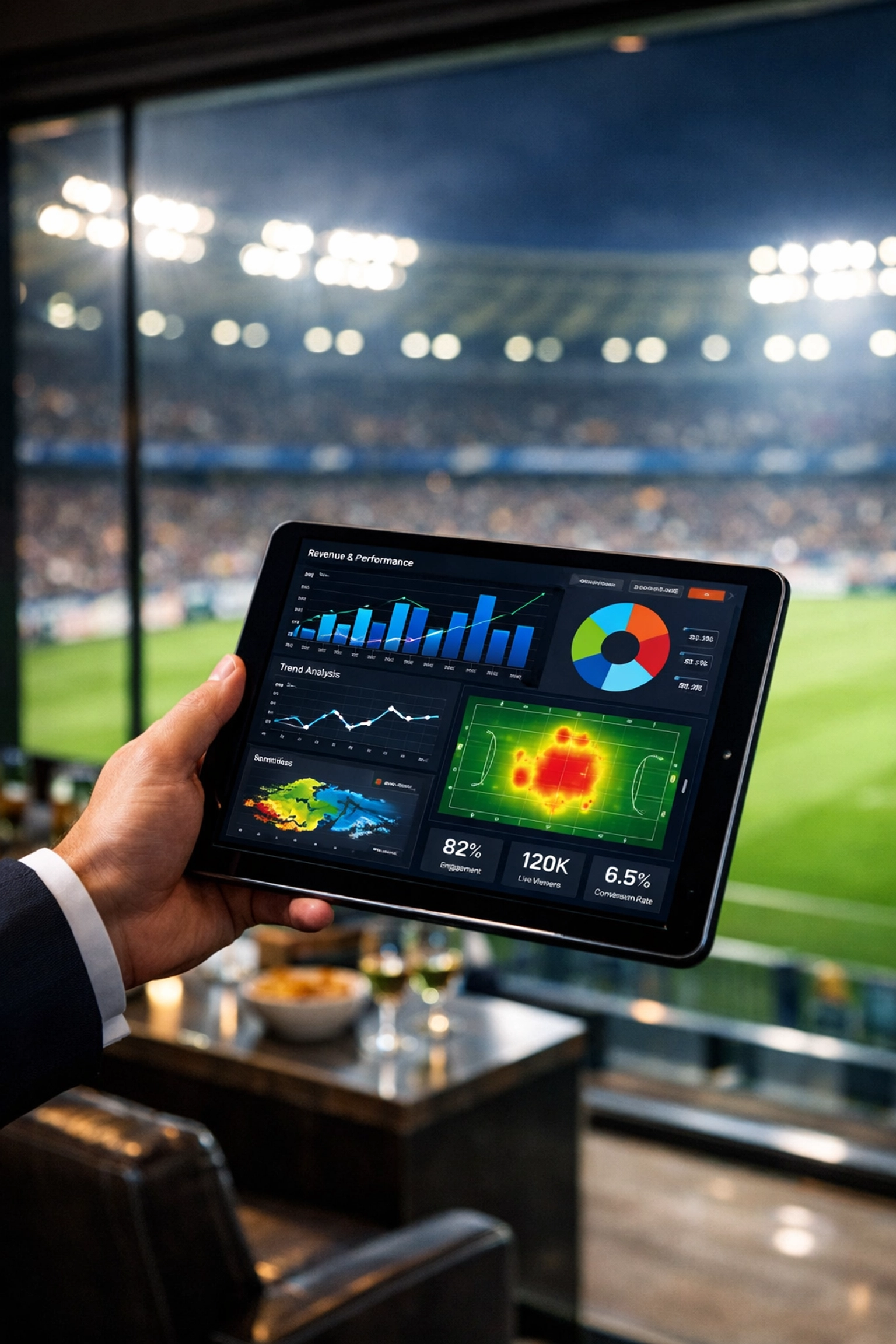 Marketing professional tracking programmatic DOOH campaign analytics on a tablet inside a sports stadium.
