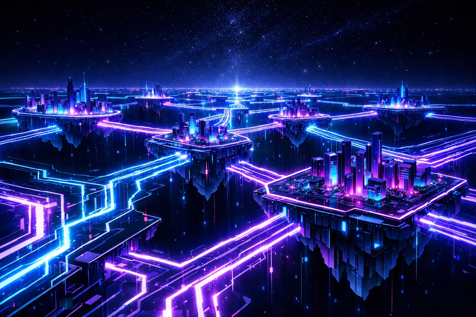 Interconnected digital islands representing a seamless AI automation ecosystem and bridged gaps.