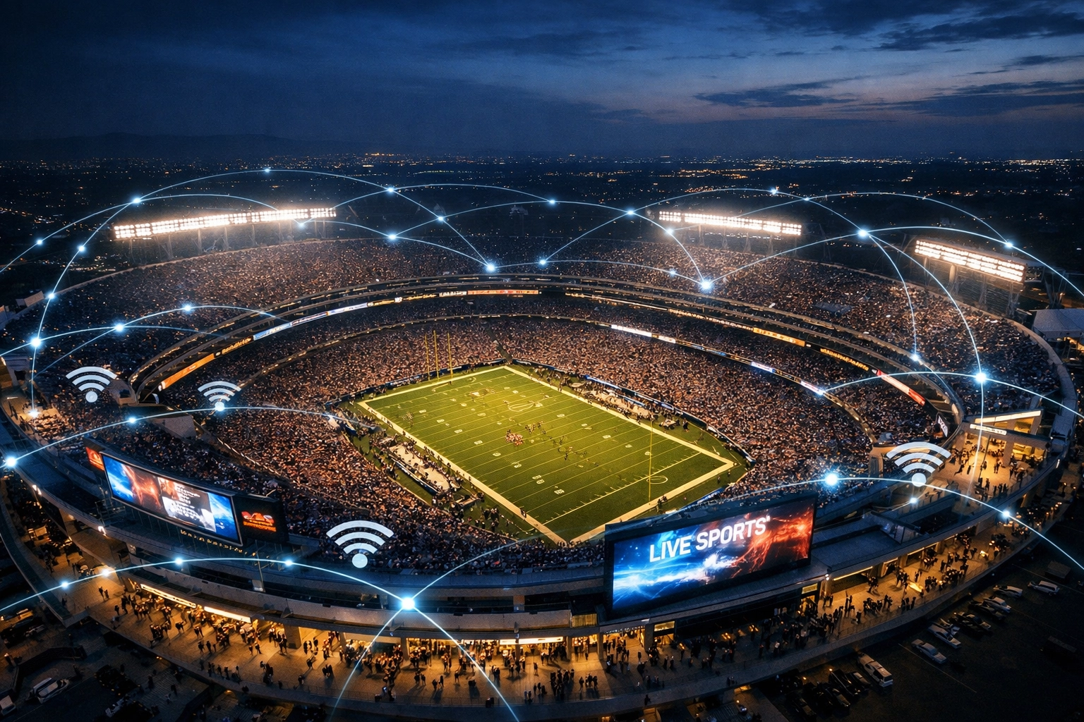 Sports stadium with digital infrastructure and connectivity displaying integrated advertising solutions
