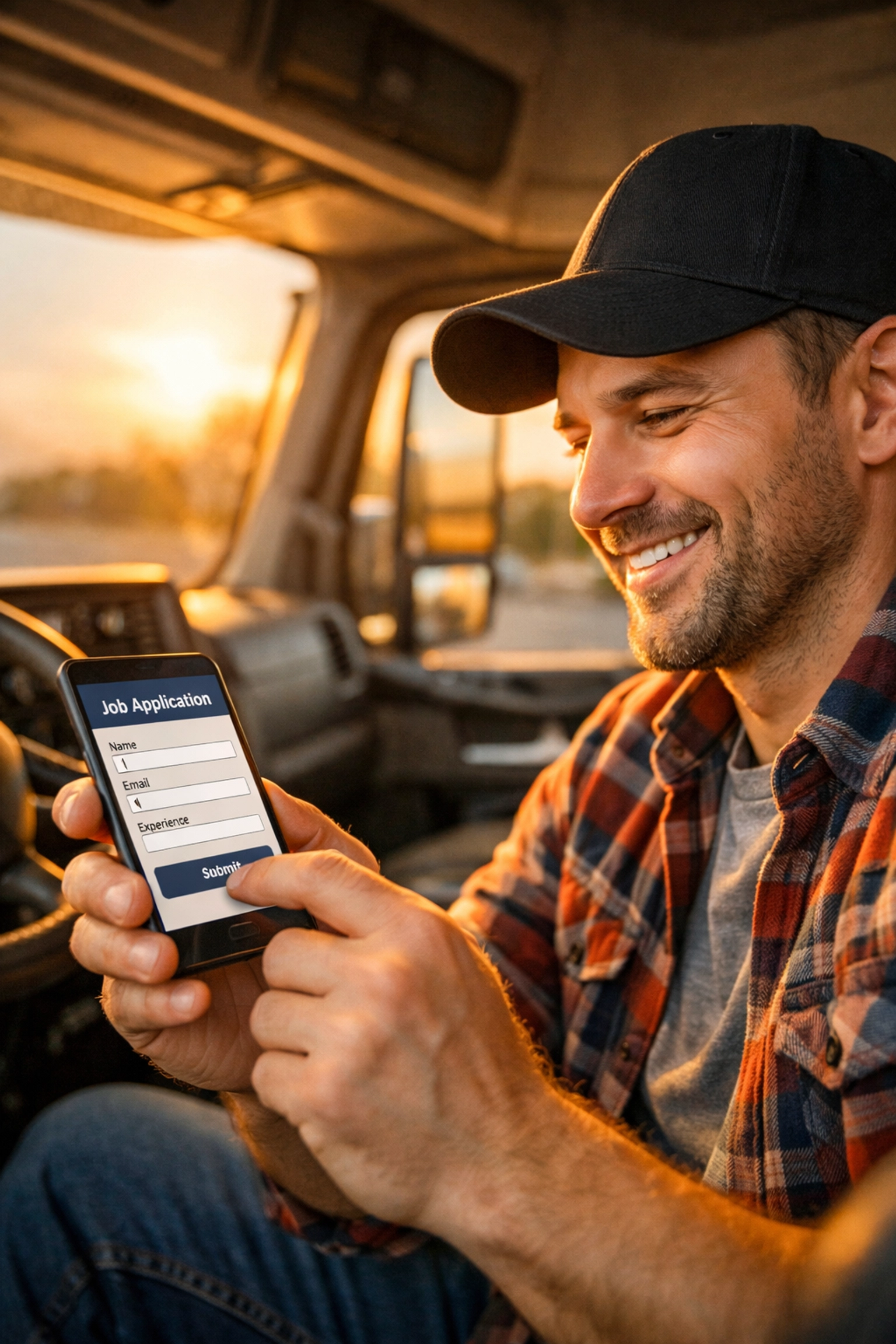 Truck driver completing mobile job application on smartphone in semi-truck cab