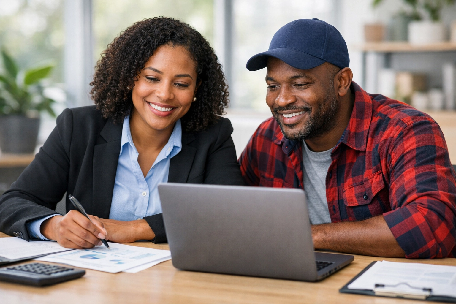 Tax consultant helping owner-operator review trucking business financial documents