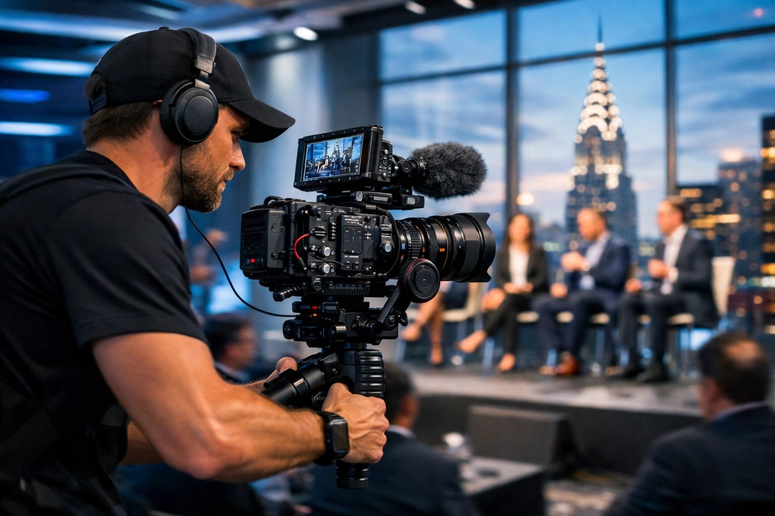 Corporate event videographer using a camera gimbal at a business summit in a New York City skyscraper.