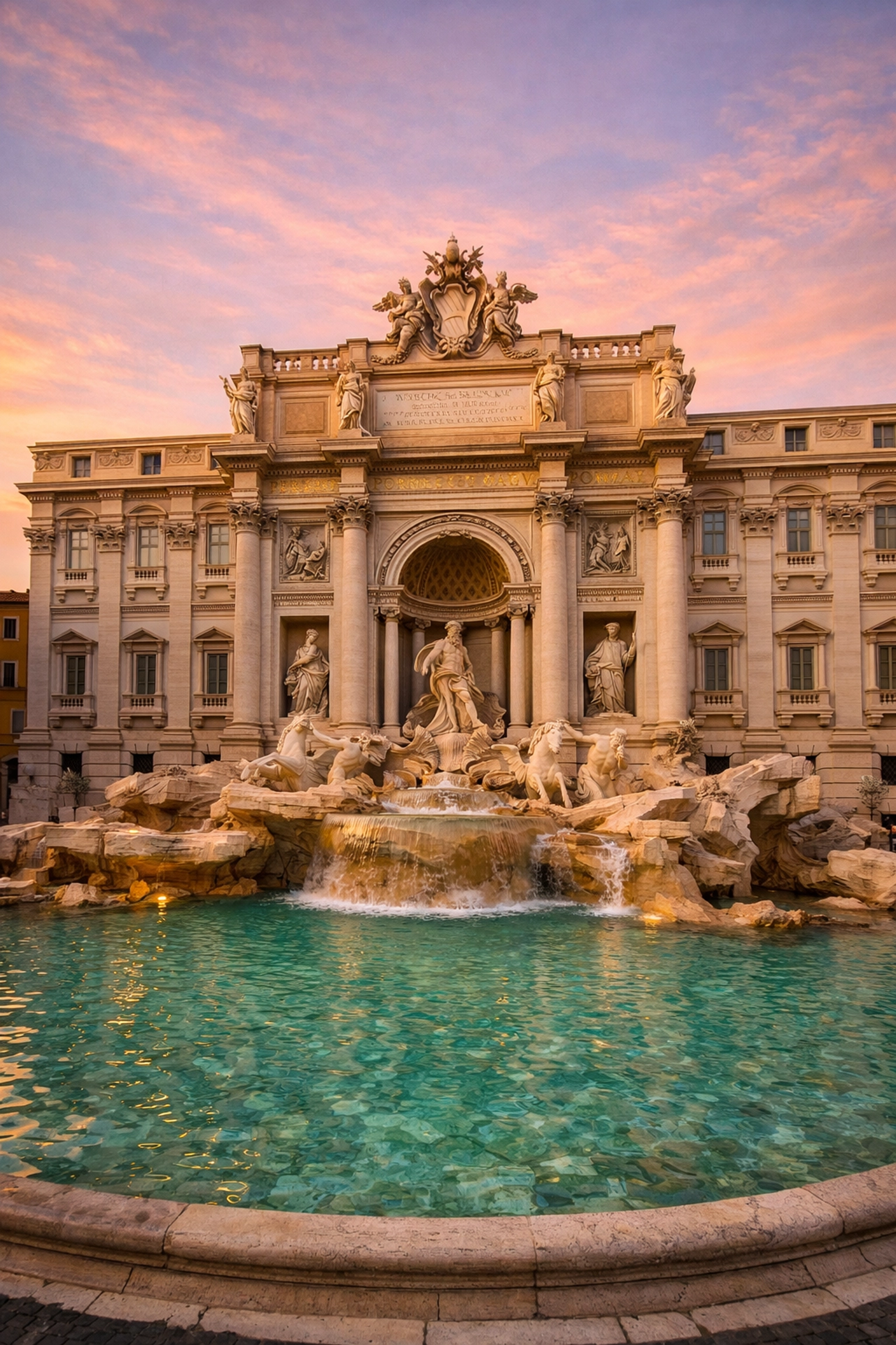 Travel photography tips: capturing the Trevi Fountain in Rome at sunrise without crowds during golden hour.