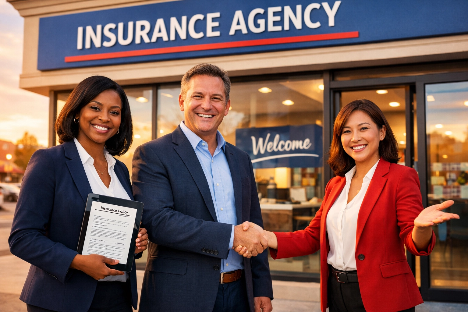 Successful Estrella Insurance franchise owners serving customers at modern office location