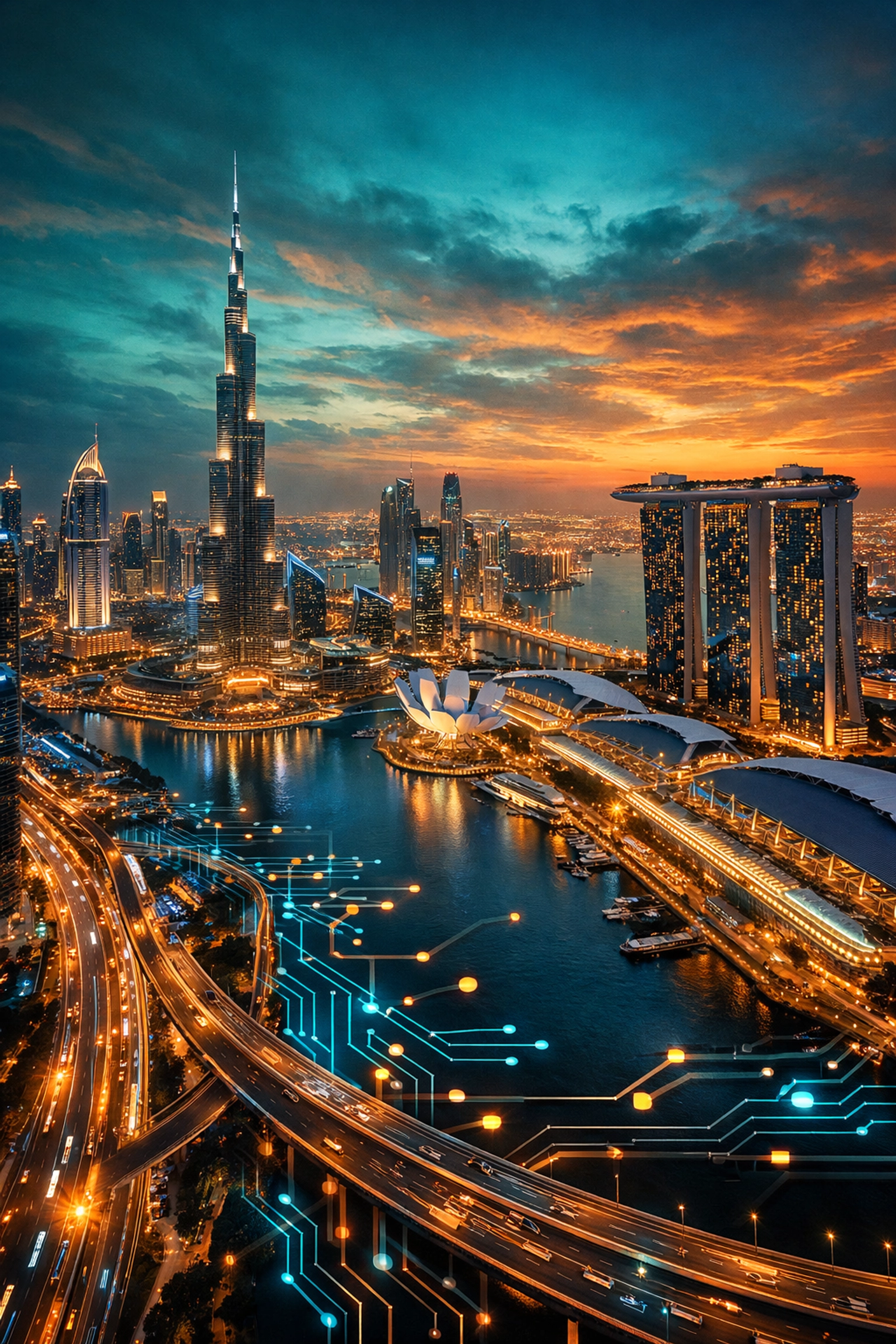 Futuristic cityscape showing blockchain technology integration in hubs like Dubai and Singapore.