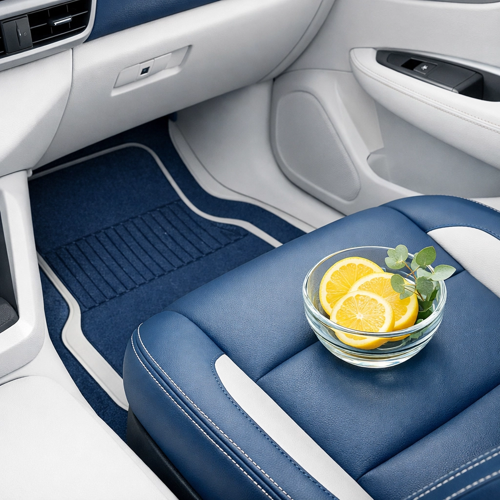 Natural car deodorizing with lemon and eucalyptus on premium blue upholstery for a fresh scent.