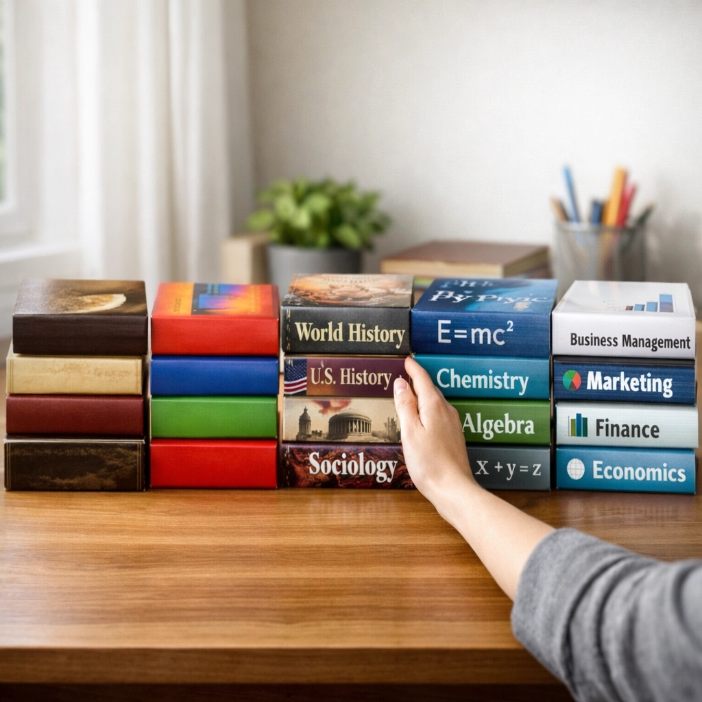 Five stacks of textbooks representing different CLEP exam subject categories