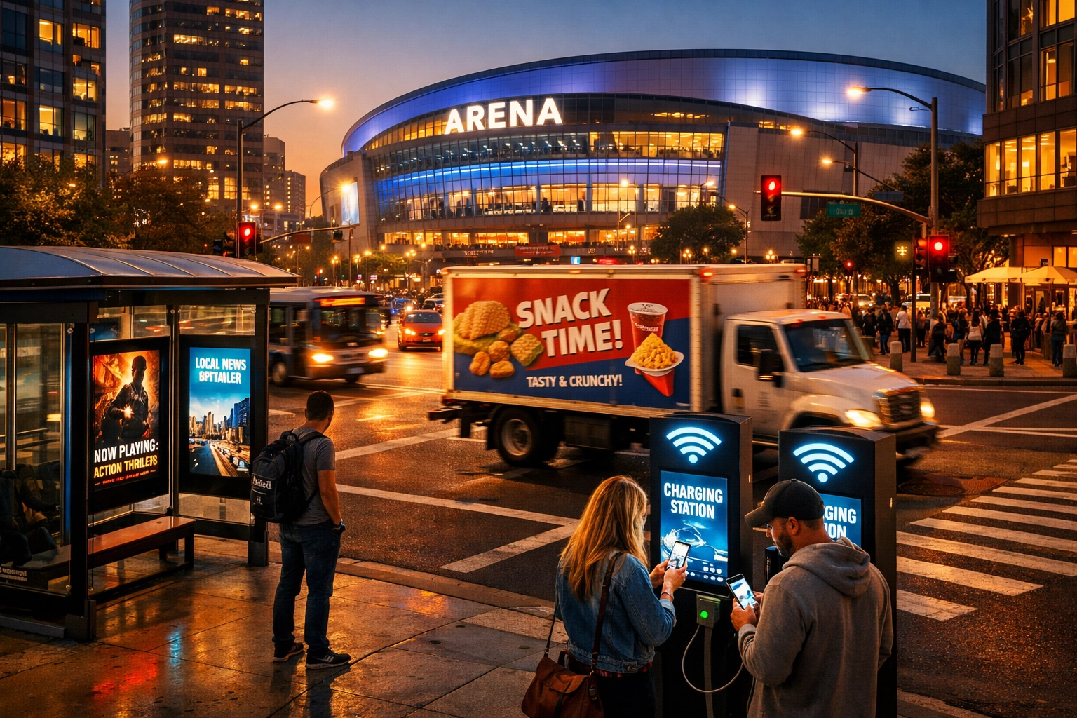 Urban media integration with transit advertising, sports venues, and digital infrastructure at city intersection