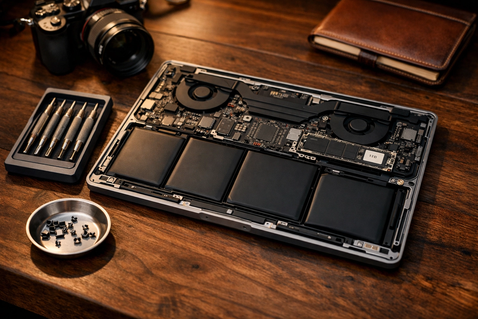 Modular laptop on a workbench showing internal components for gear repair and hardware longevity.