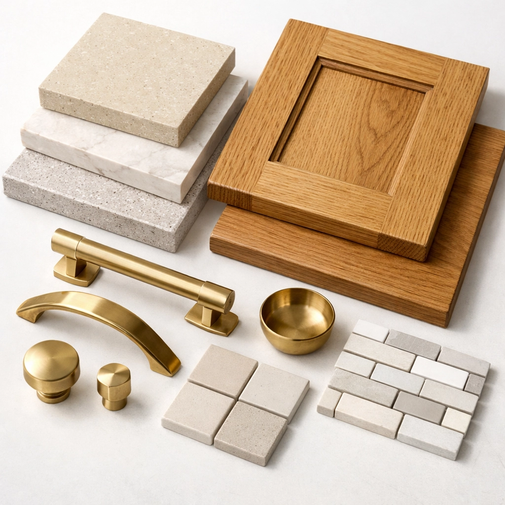 Luxury kitchen material samples including quartz countertops, wood cabinets, and brass hardware