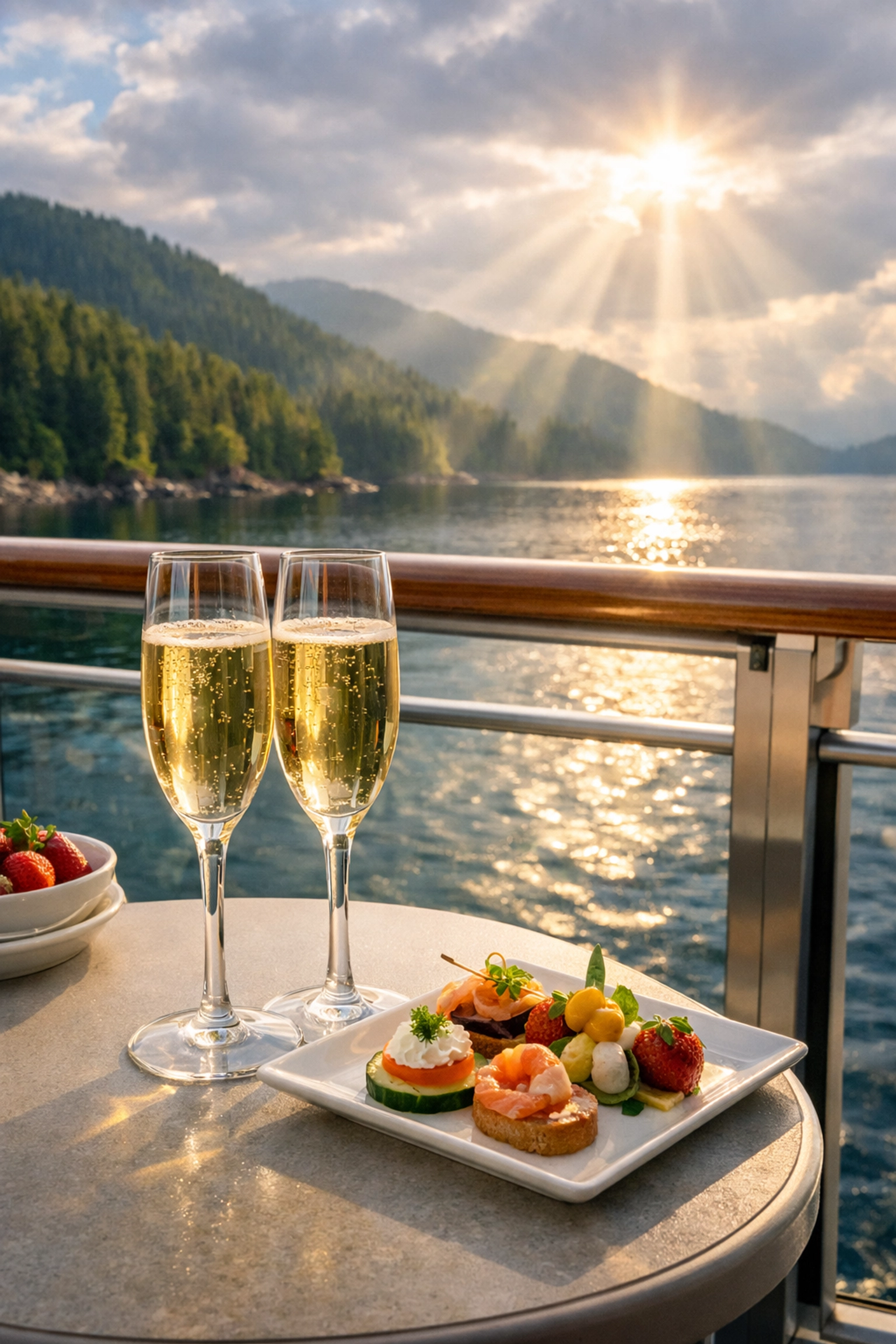 Luxury cruise balcony with snacks and drinks overlooking the scenic mountains and forests of the Alaska coast.