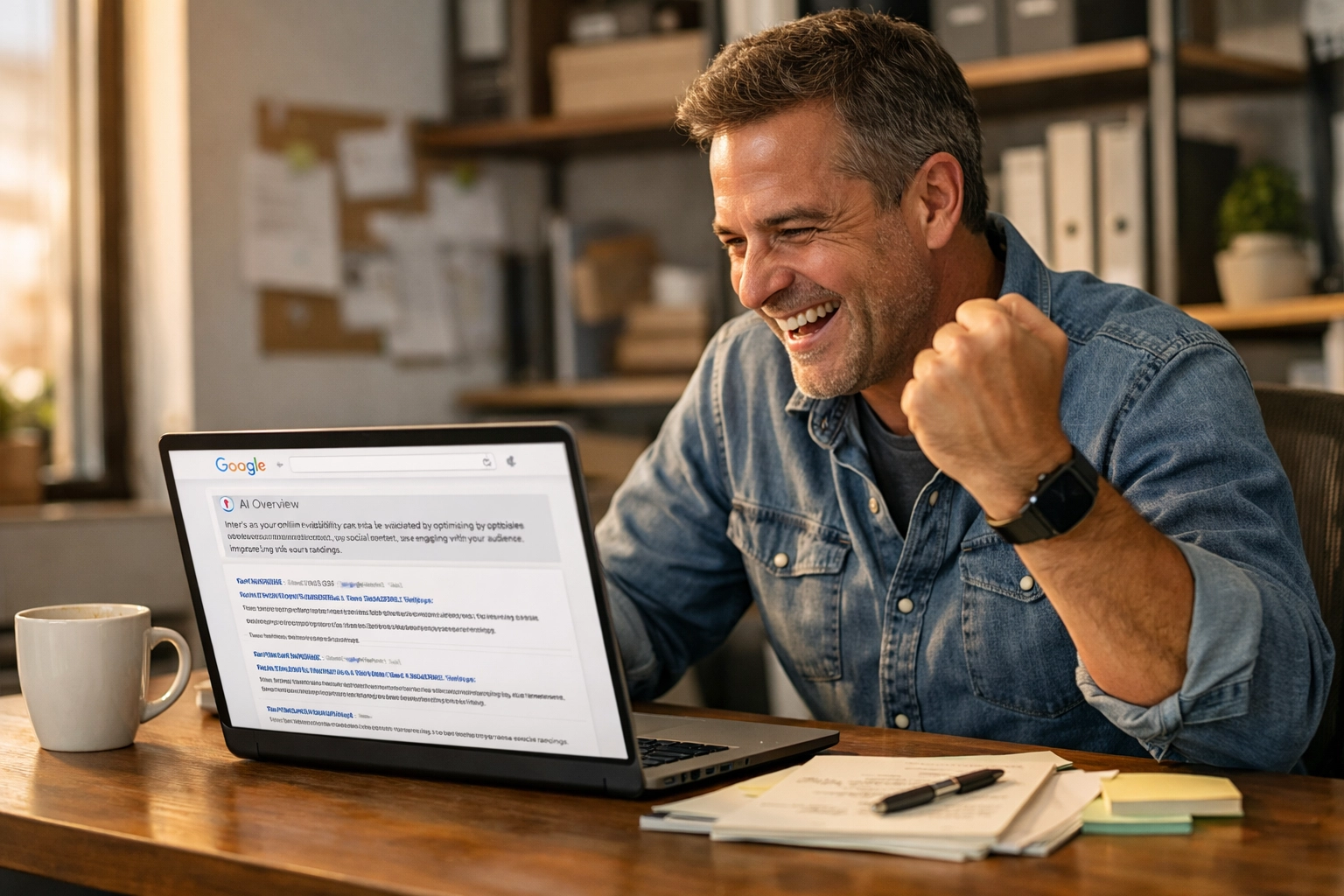 Small business owner at desk seeing improved visibility on search results on a laptop—realistic win moment