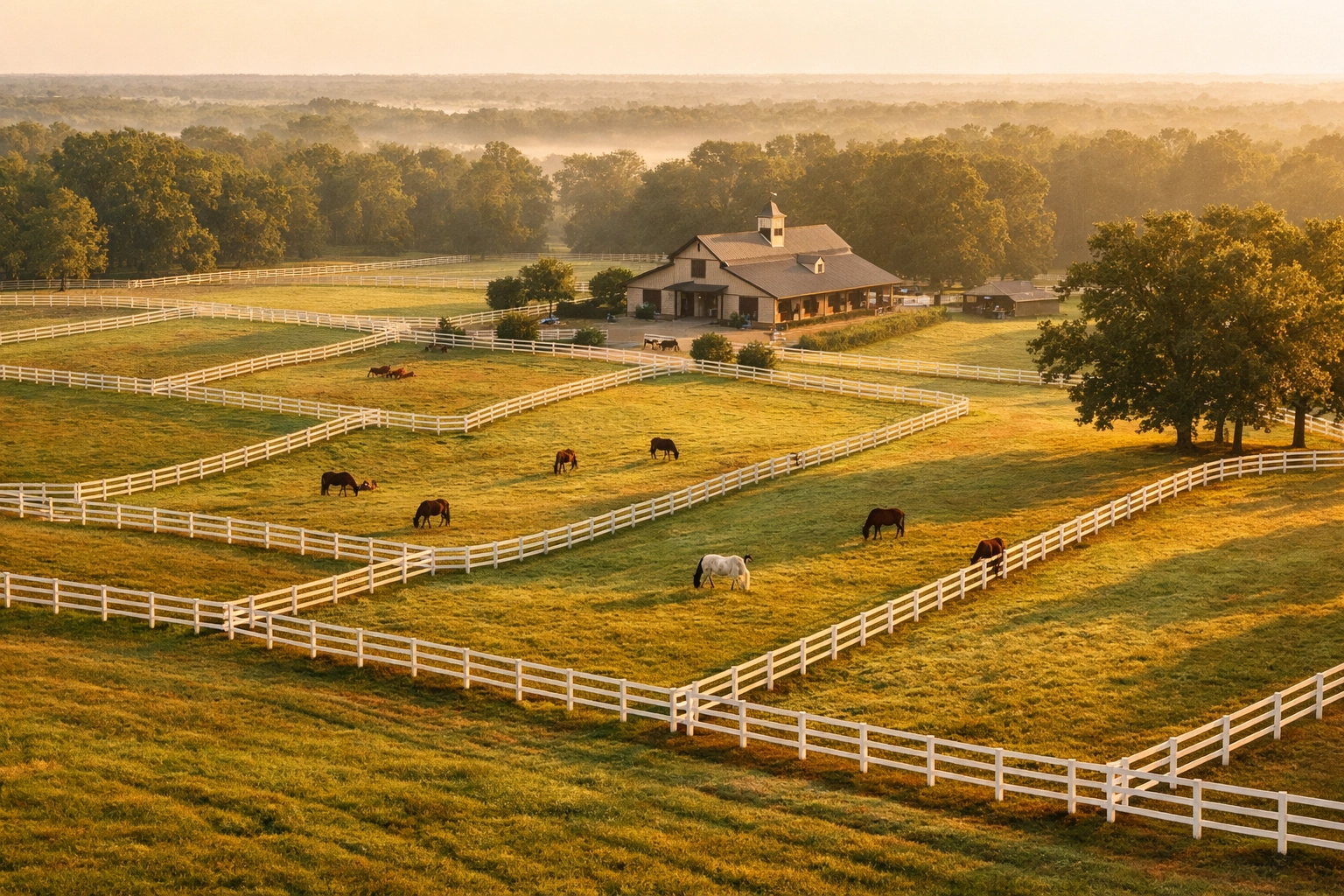 Aerial view of horse farm for sale in Waxhaw NC with fenced pastures and barn