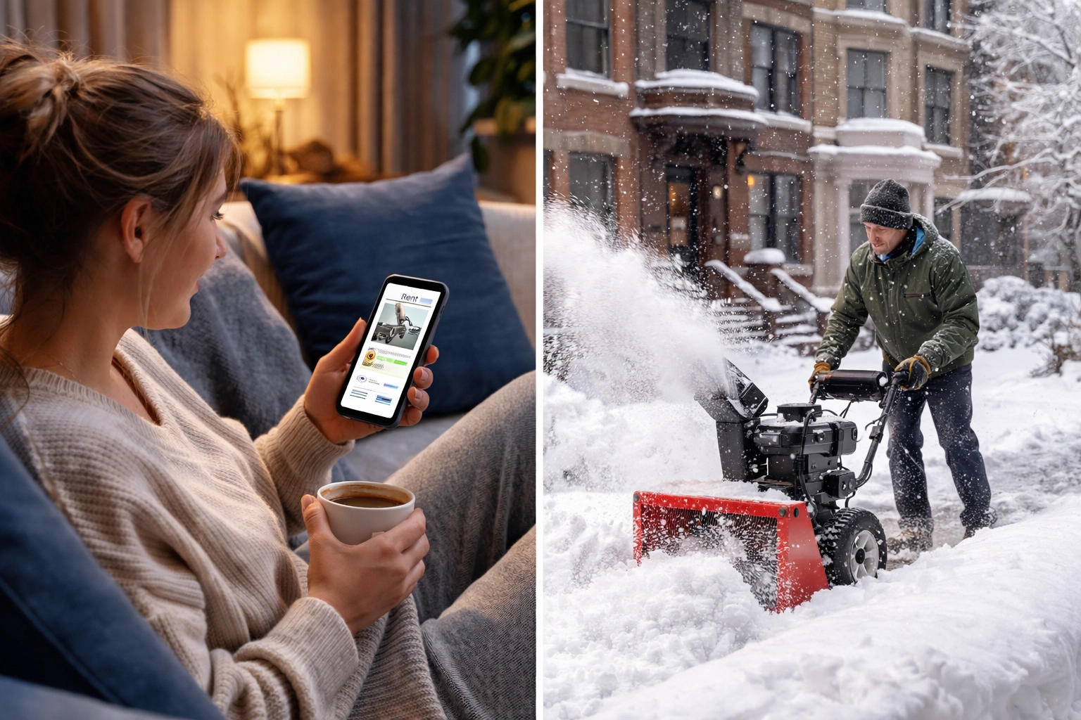 Person uses a rental app indoors while neighbor removes snow outside, showing community snow blower sharing