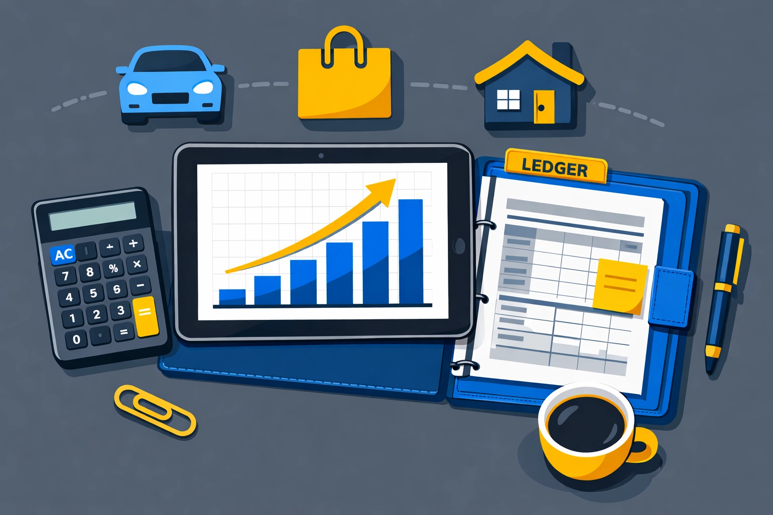 Organized workspace with a calculator and tablet representing small business bookkeeping and gig worker tax prep.