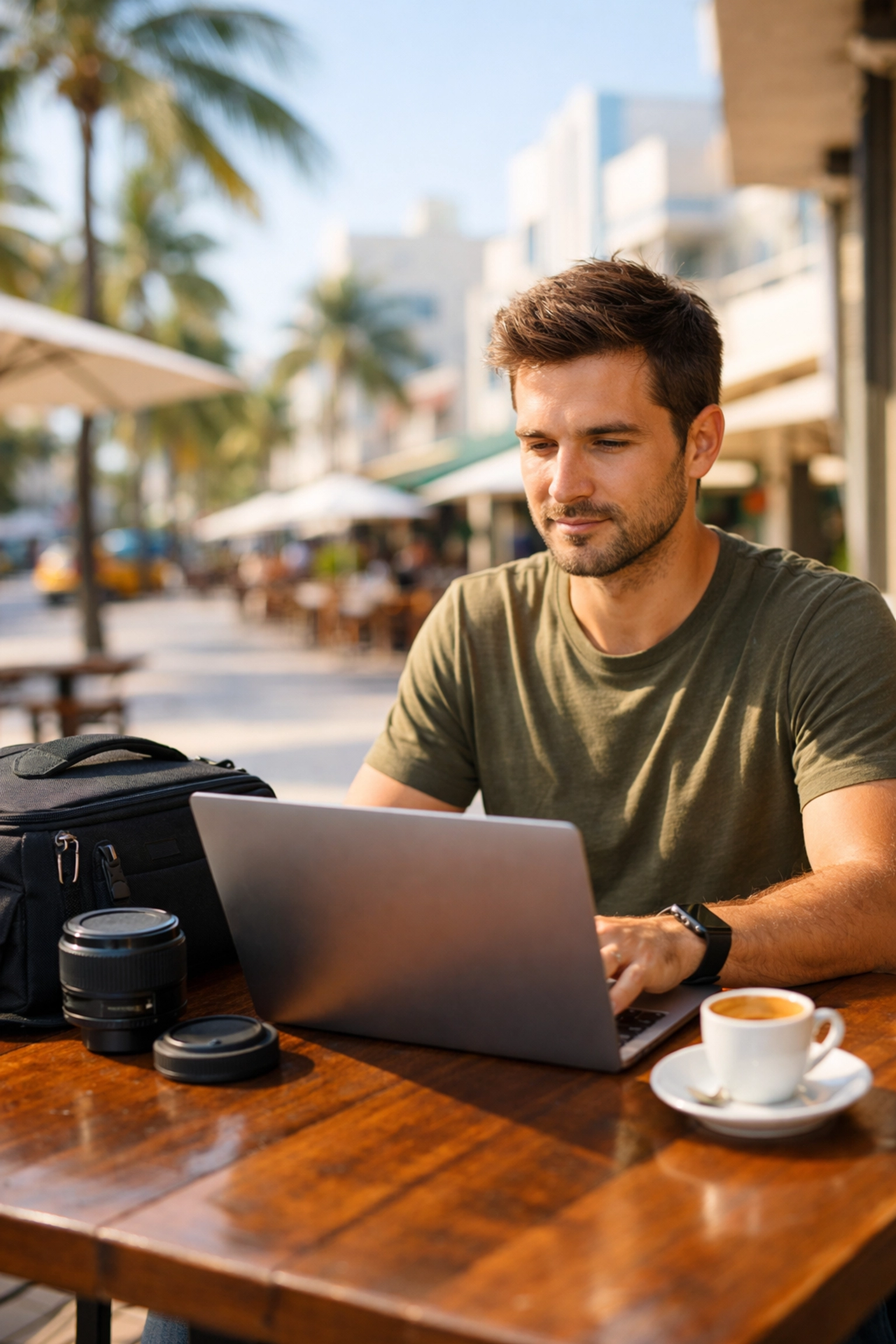 Freelance photographer using a laptop at an outdoor cafe to manage new creative project bids on Proshoot.io.