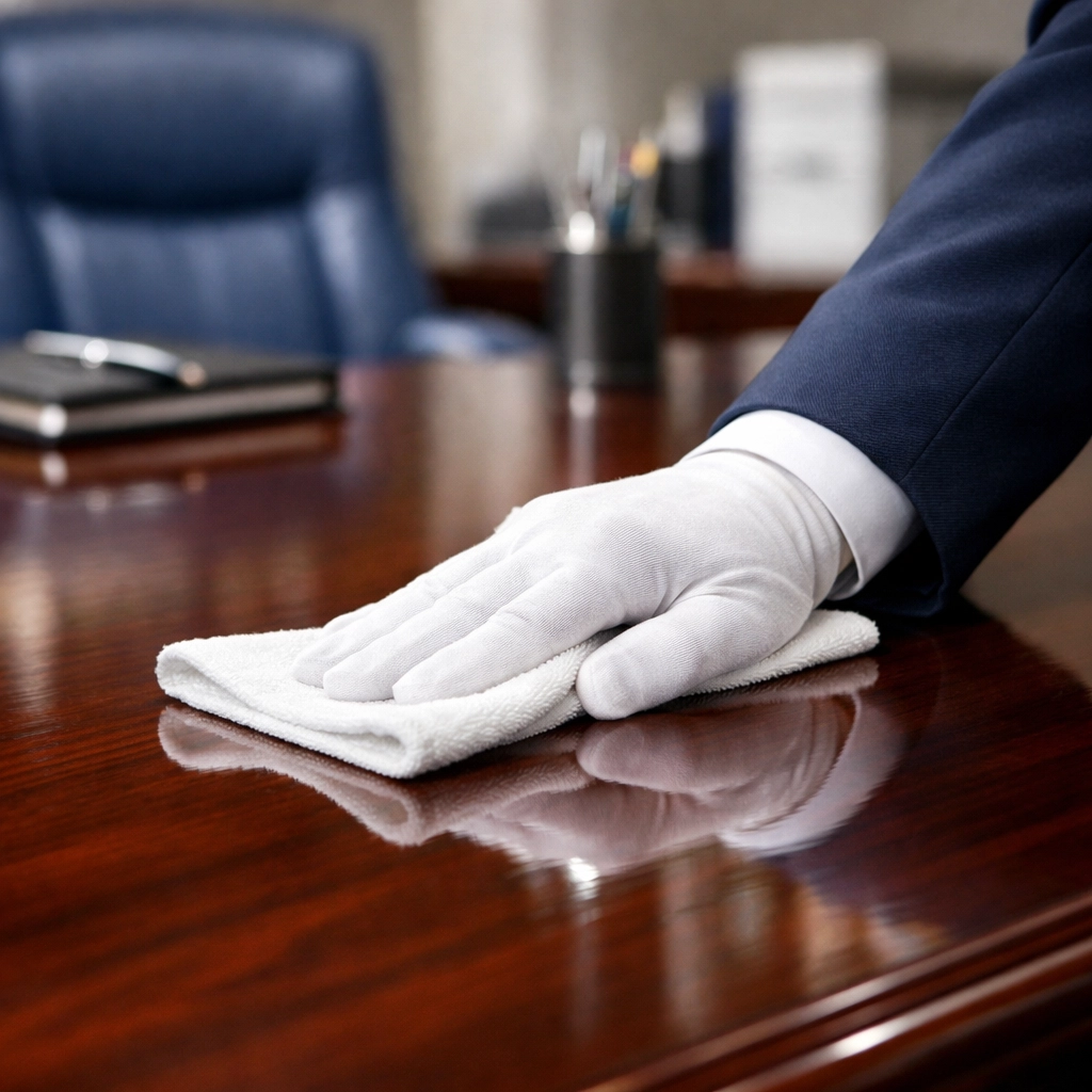Close-up of a professional cleaner wiping an executive desk for high-quality office maintenance.