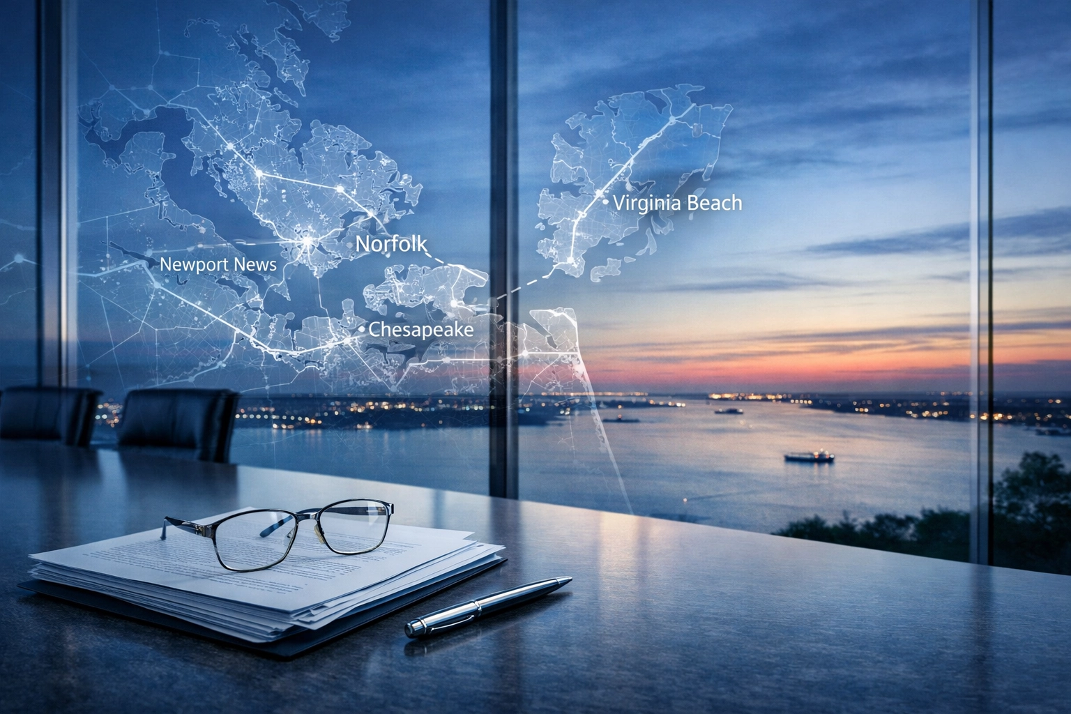 Modern legal documents and a map overlay in a Hampton Roads law office representing local custody expertise.