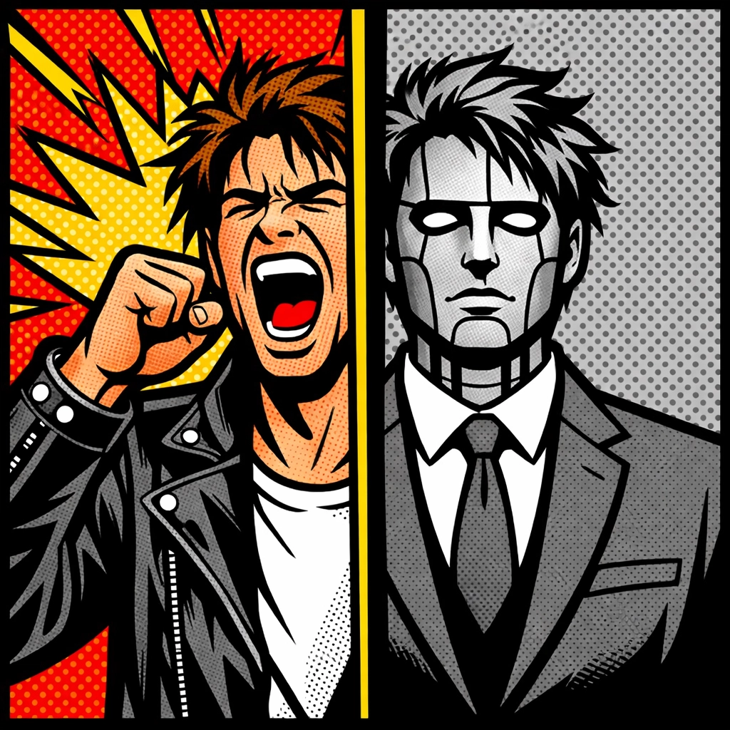 Illustration comparing a vibrant human brand voice to a dull robotic AI-generated clone.