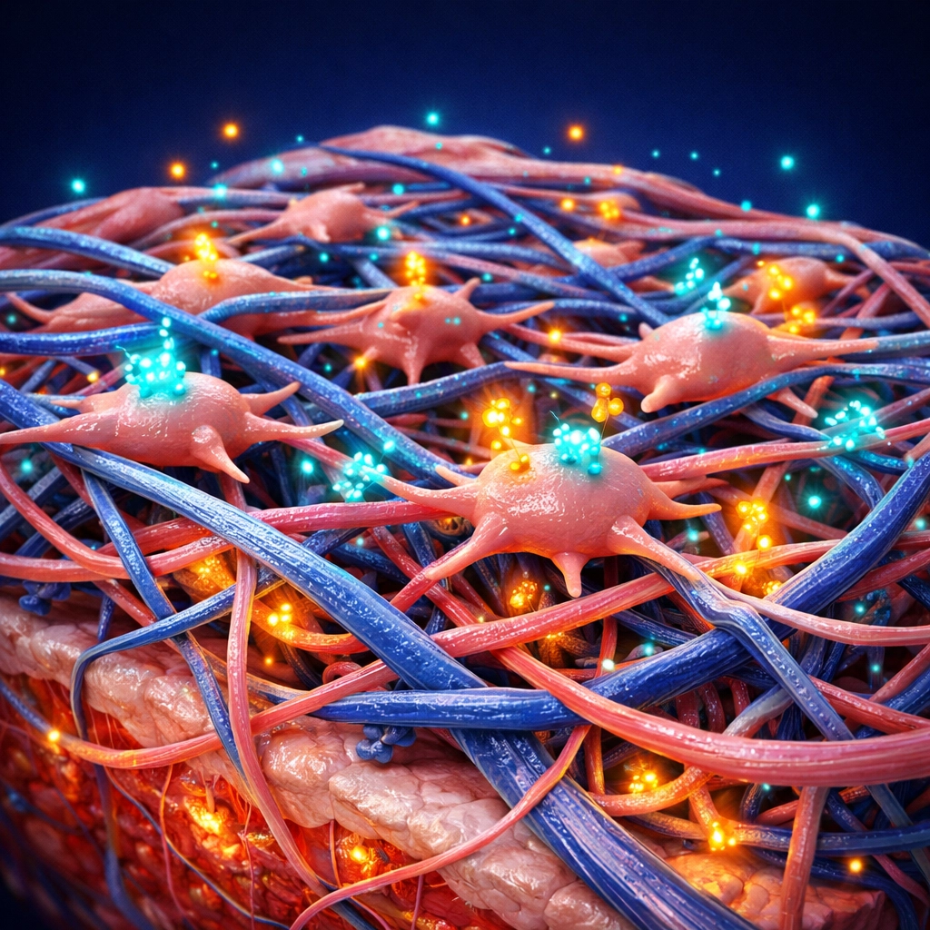 Peptides interacting with skin cells and collagen fibers to accelerate biological wound healing.