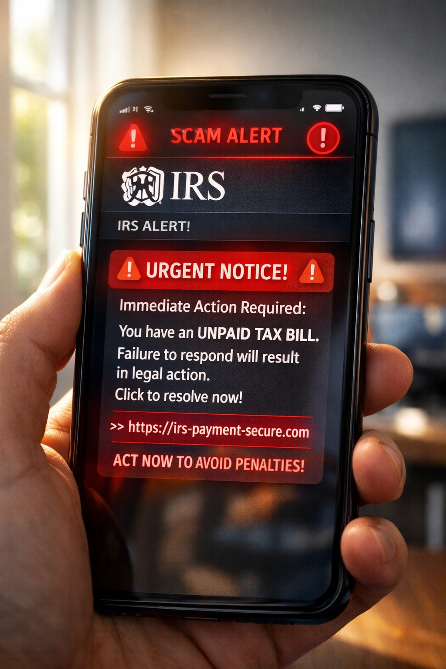 Fake IRS tax refund text message scam displayed on smartphone screen