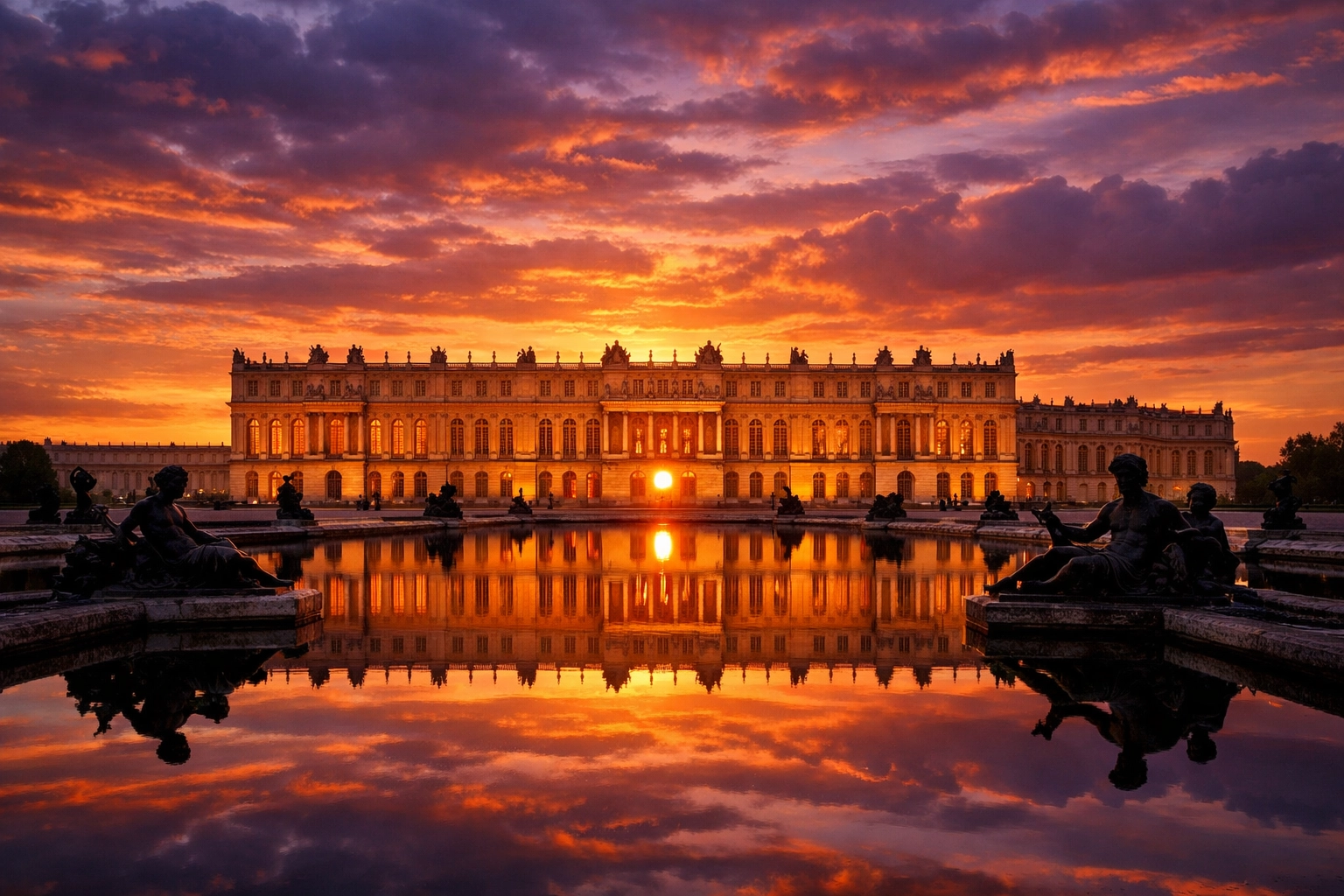 Sunset reflection of the Palace of Versailles facade in the Water Parterre pool during golden hour.