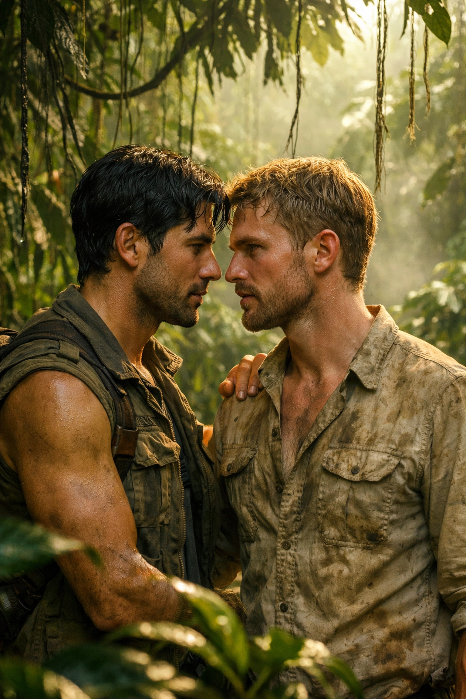 Two men share intimate moment in Amazon rainforest - MM romance adventure