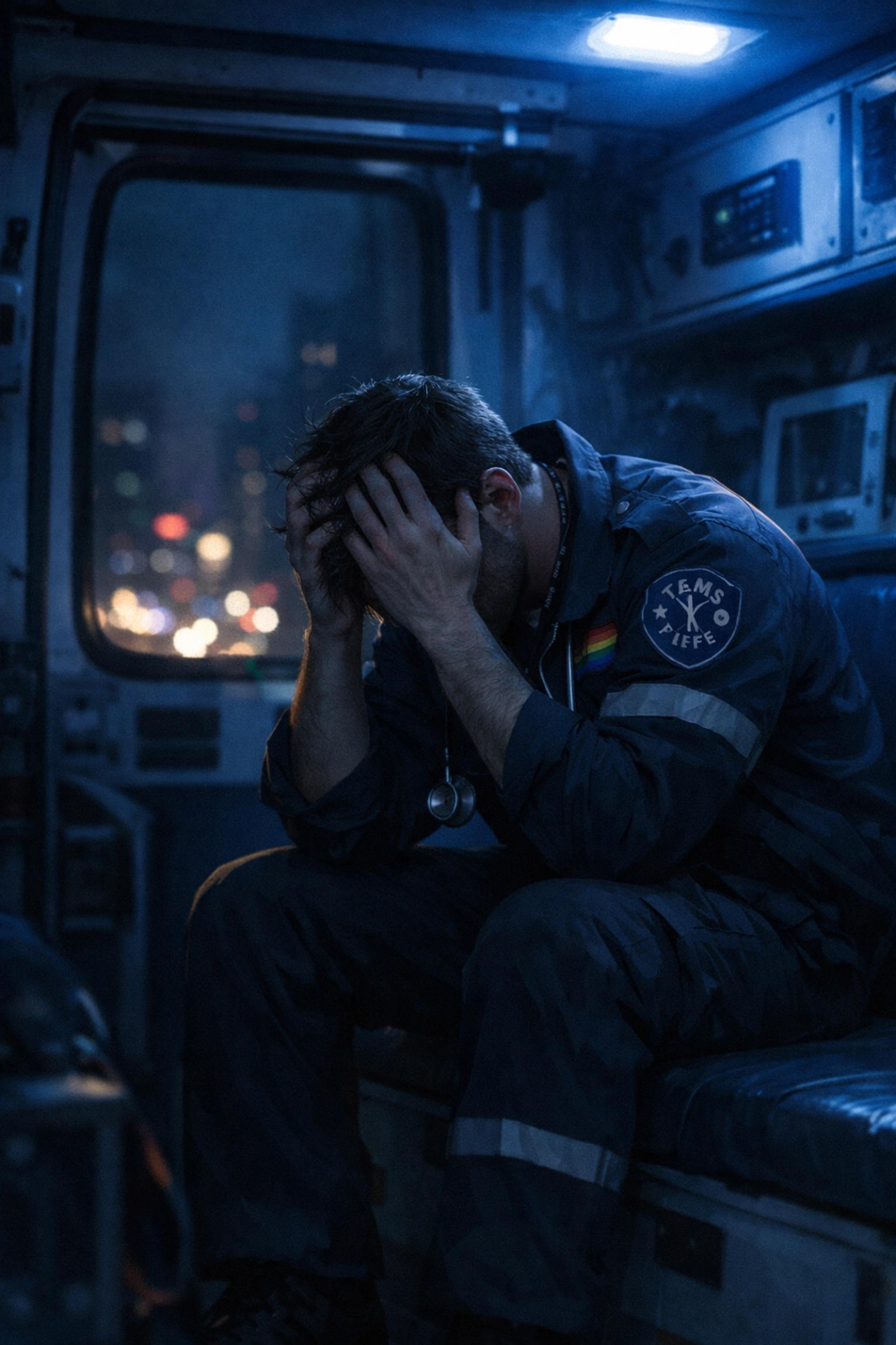 Paramedic alone in ambulance experiencing mental health challenges and emotional exhaustion