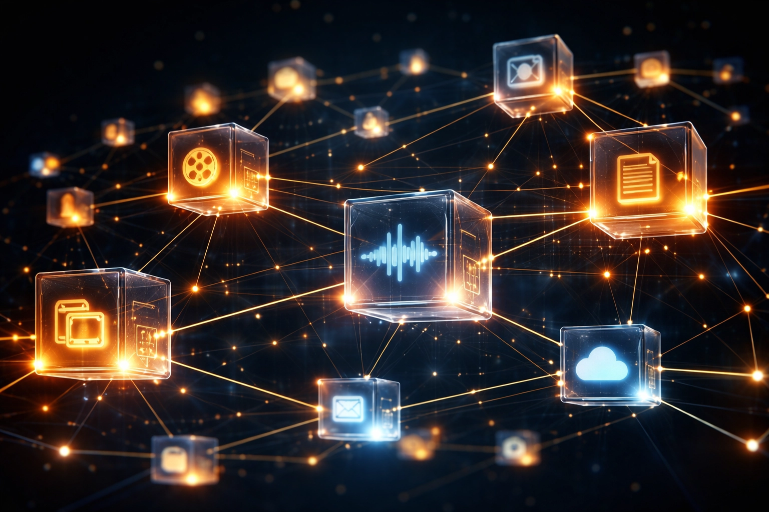 A network of glowing metadata tags interconnected around media icons, representing structured media asset management.